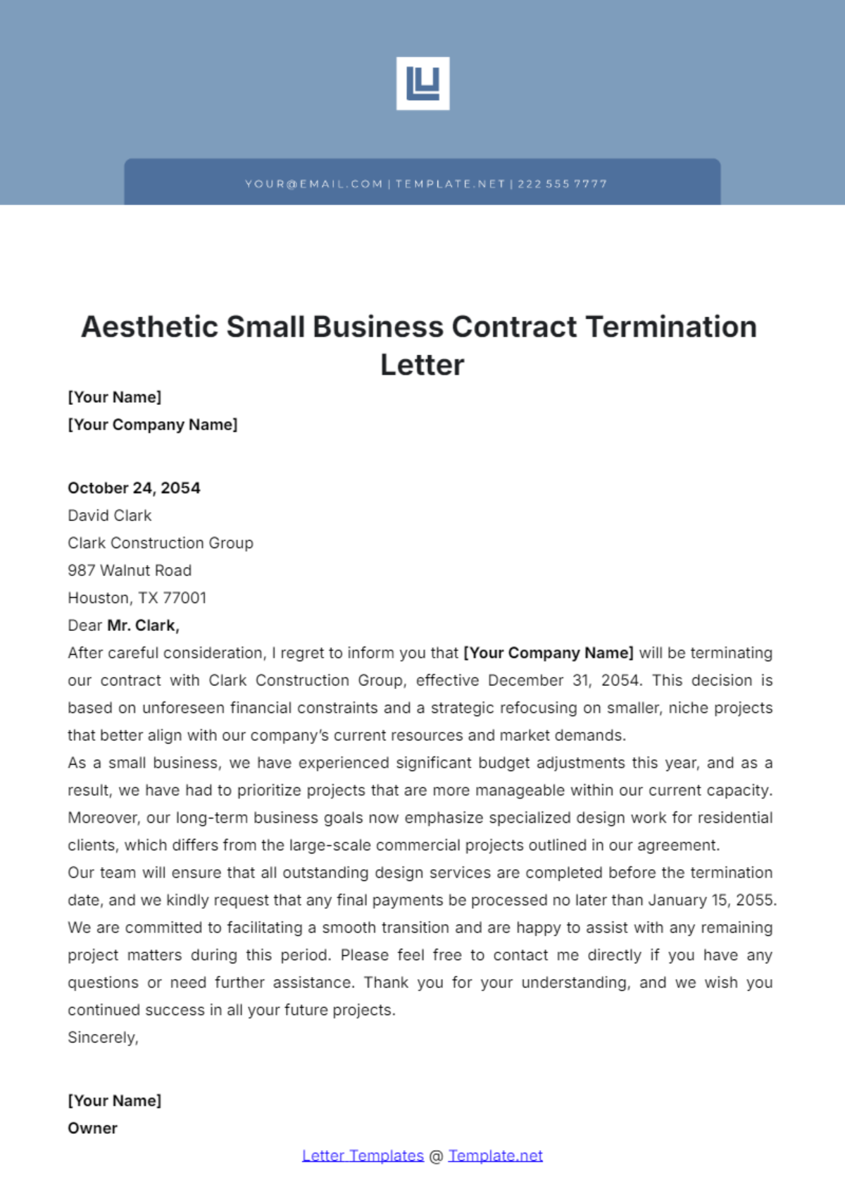 Aesthetic Small Business Contract Termination Letter Template - Edit Online & Download