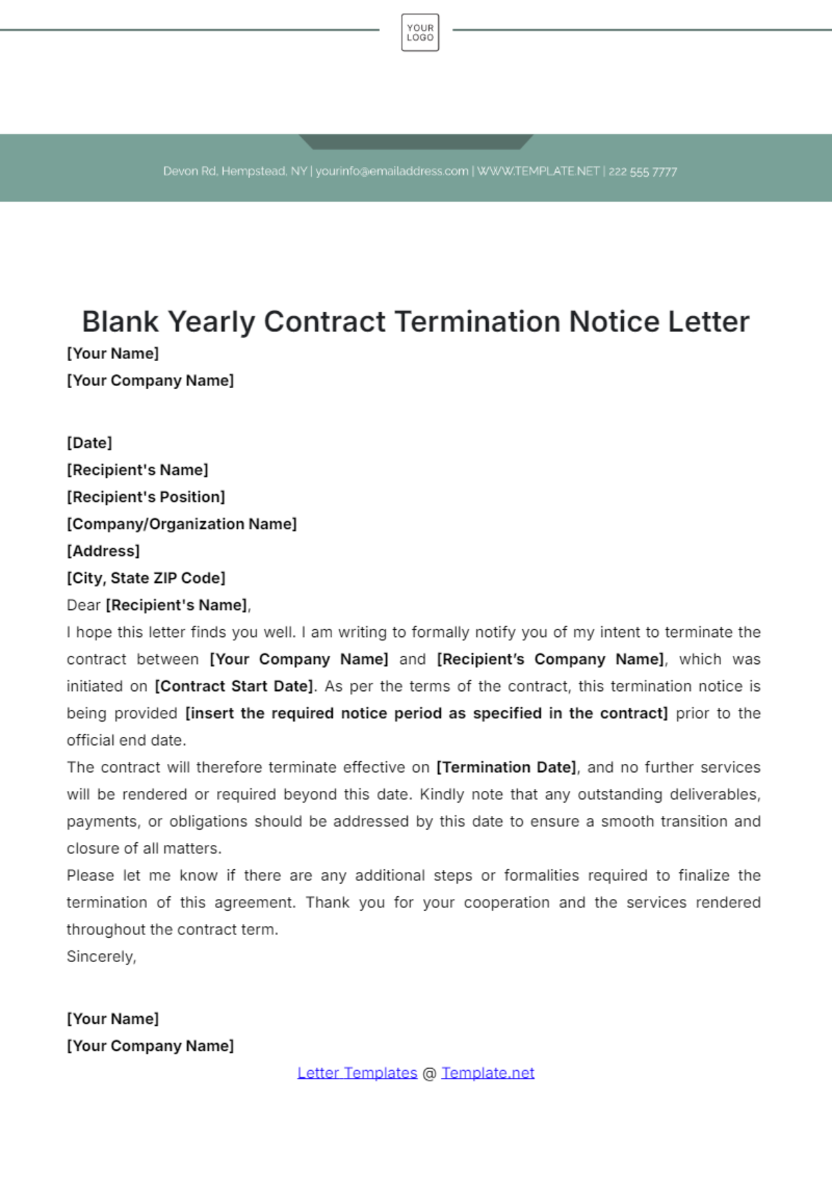 Blank Yearly Contract Termination Notice Letter Template - Edit Online & Download