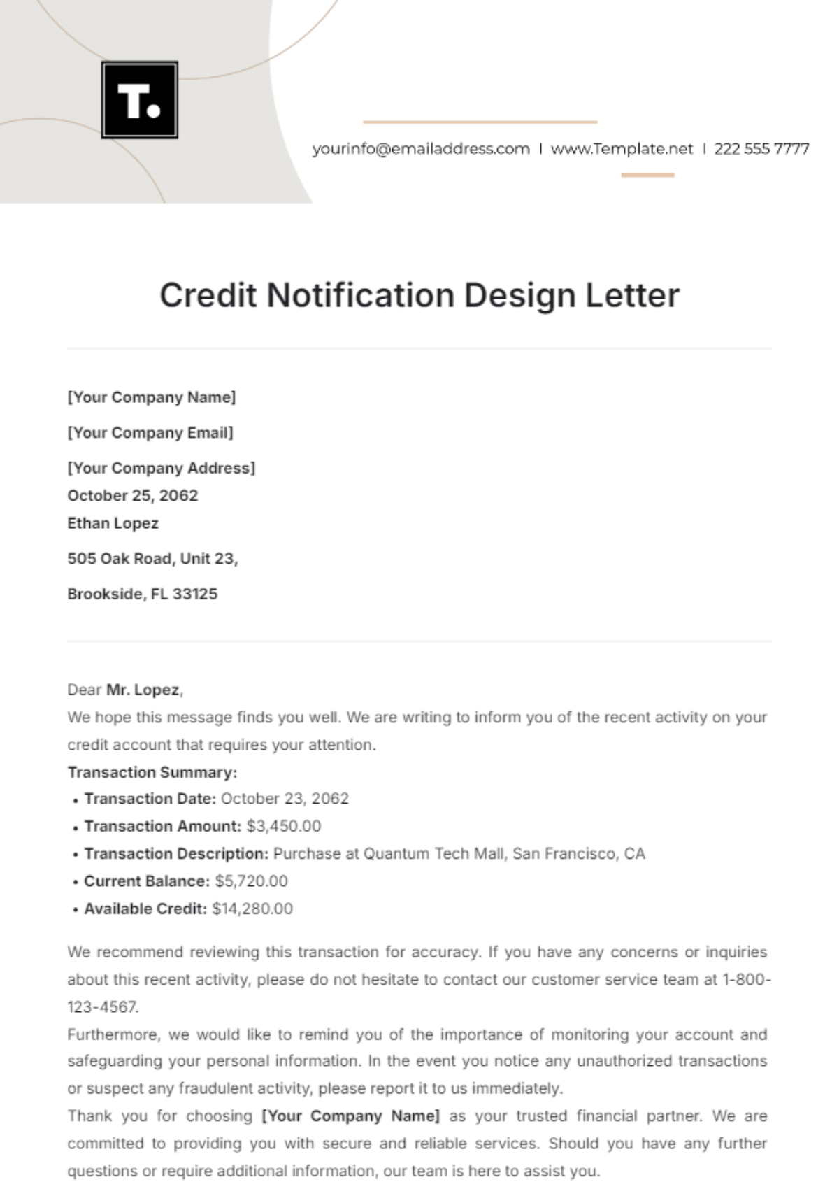 Credit Notification Design Letter Template - Edit Online & Download