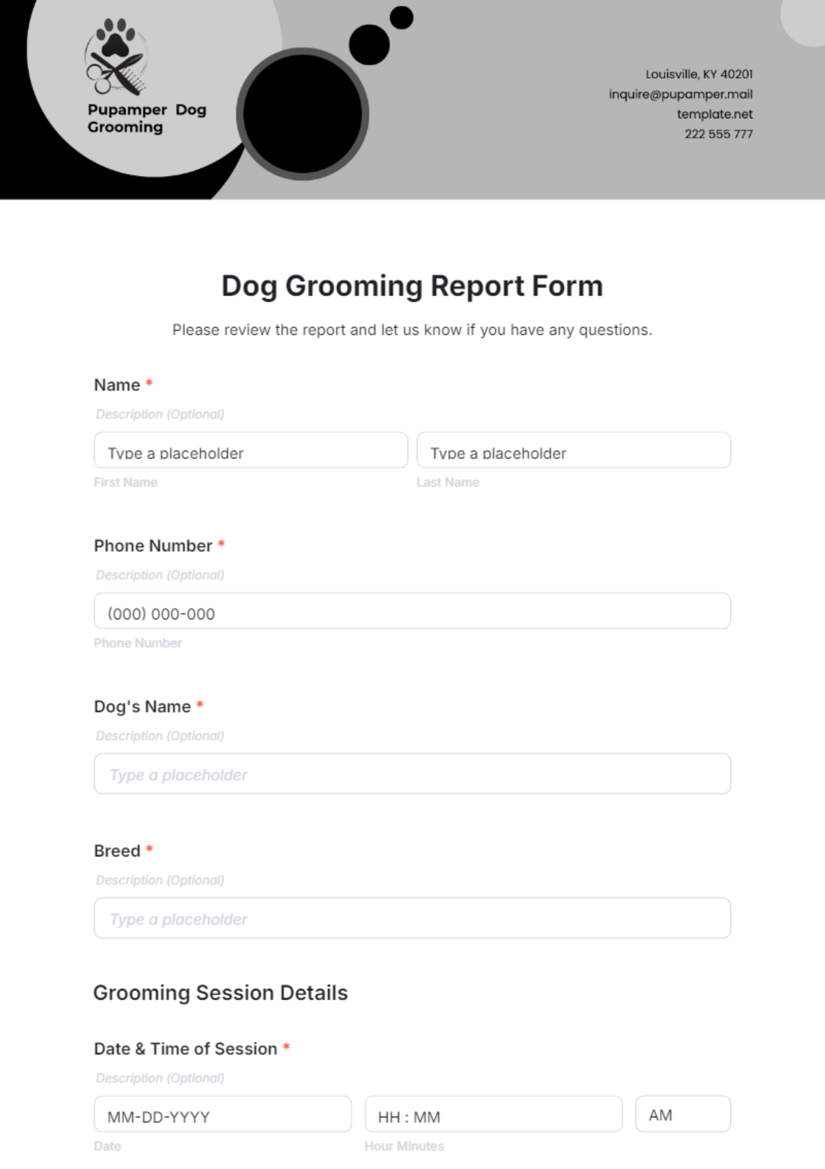 Dog Grooming Report Form Template - Edit Online & Download