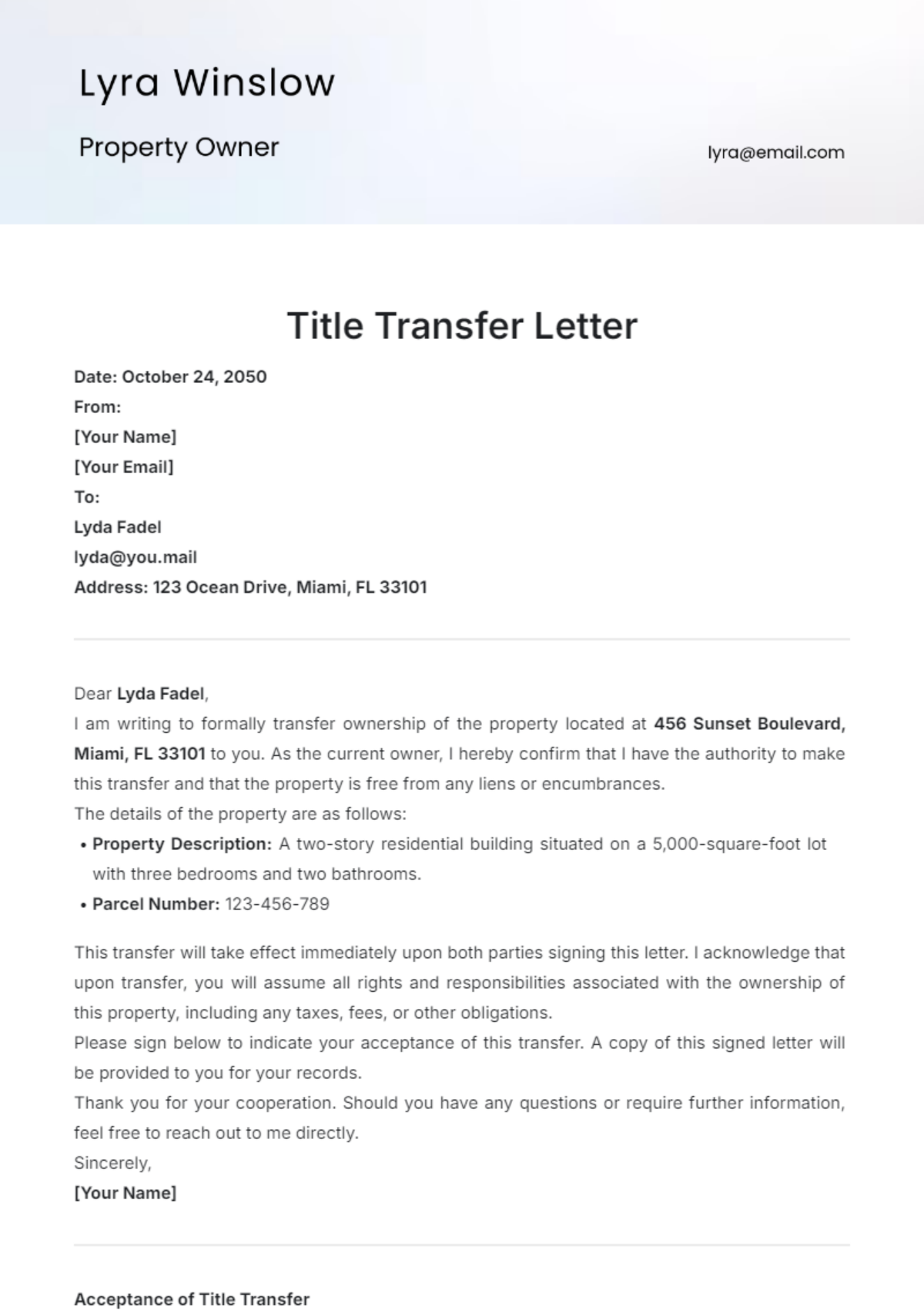 Title Transfer Letter Template - Edit Online & Download