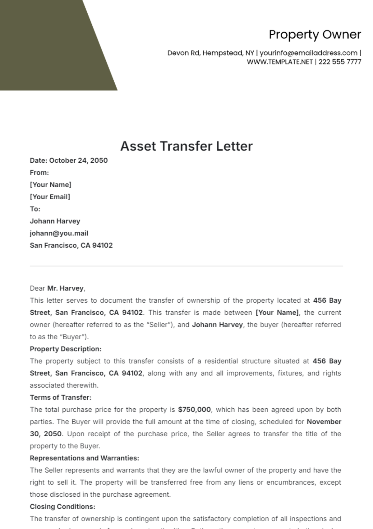 Asset Transfer Letter Template - Edit Online & Download