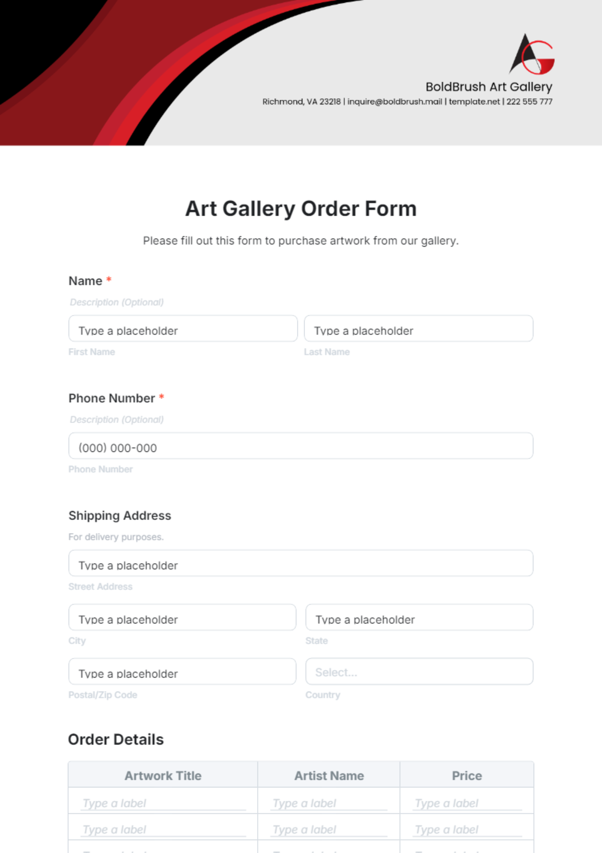 Art Gallery Order Form Template - Edit Online & Download