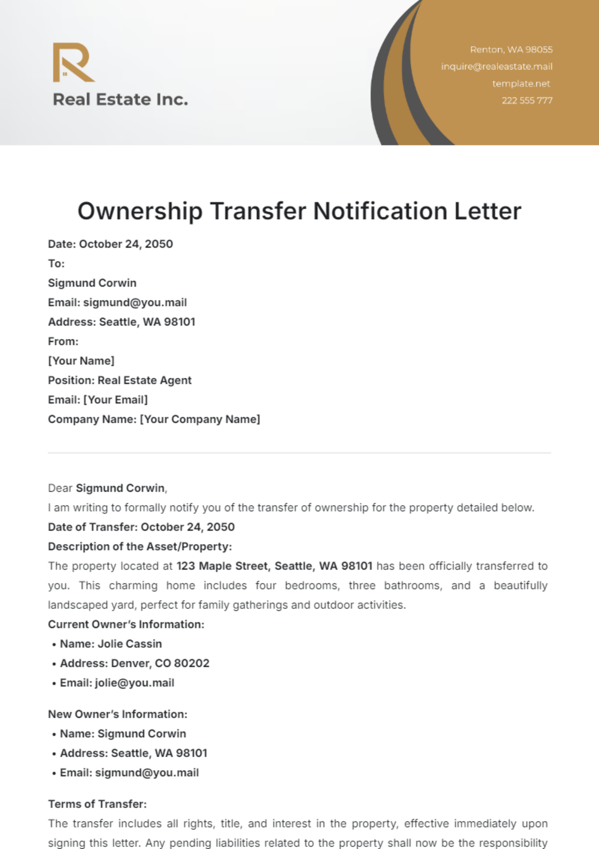 Ownership Transfer Notification Letter Template - Edit Online & Download