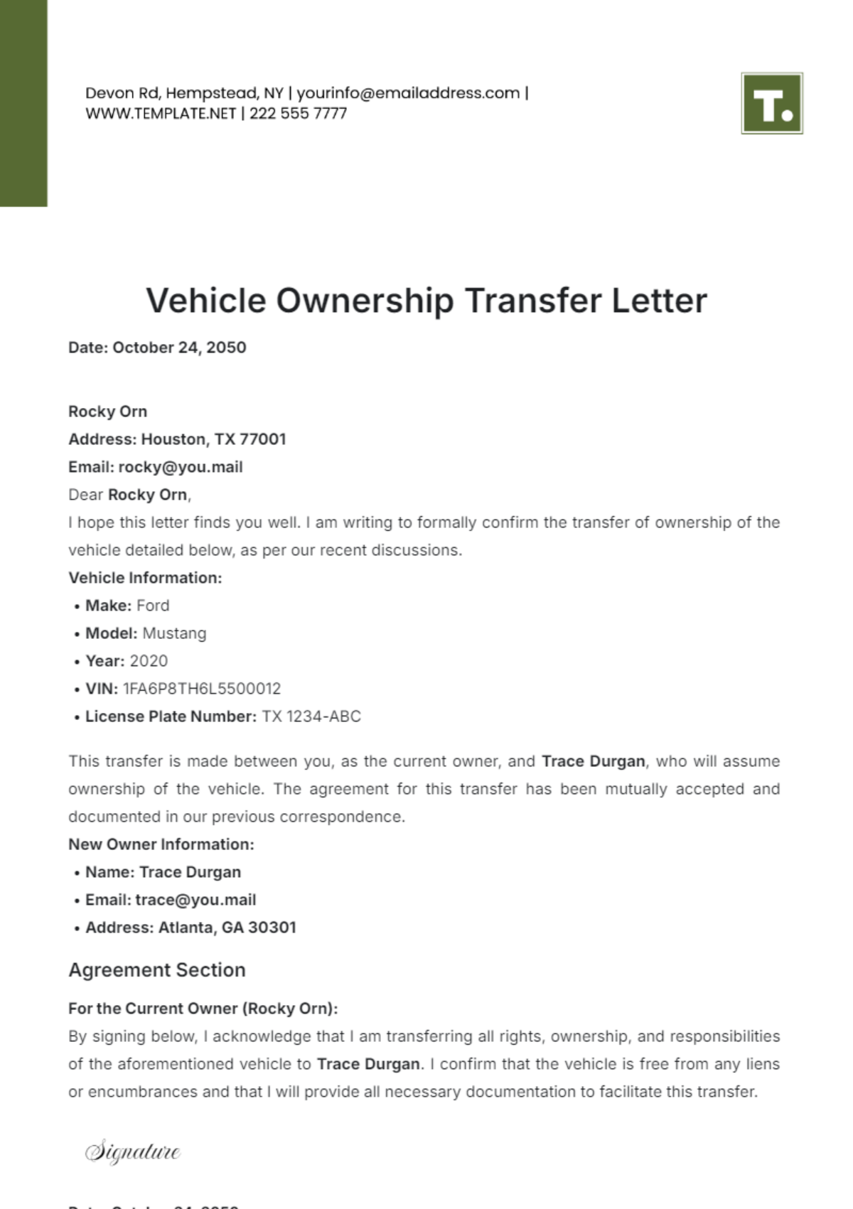 Vehicle Ownership Transfer Letter Template - Edit Online & Download