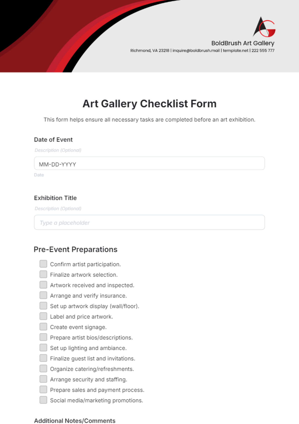 Art Gallery Checklist Form Template - Edit Online & Download