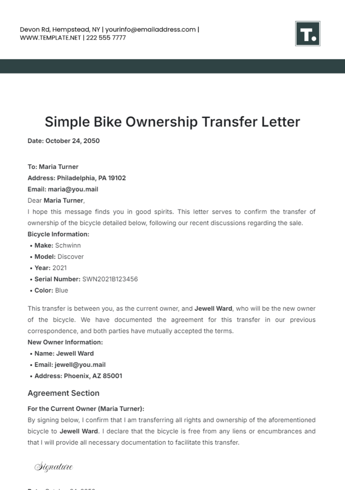 Simple Bike Ownership Transfer Letter Template - Edit Online & Download