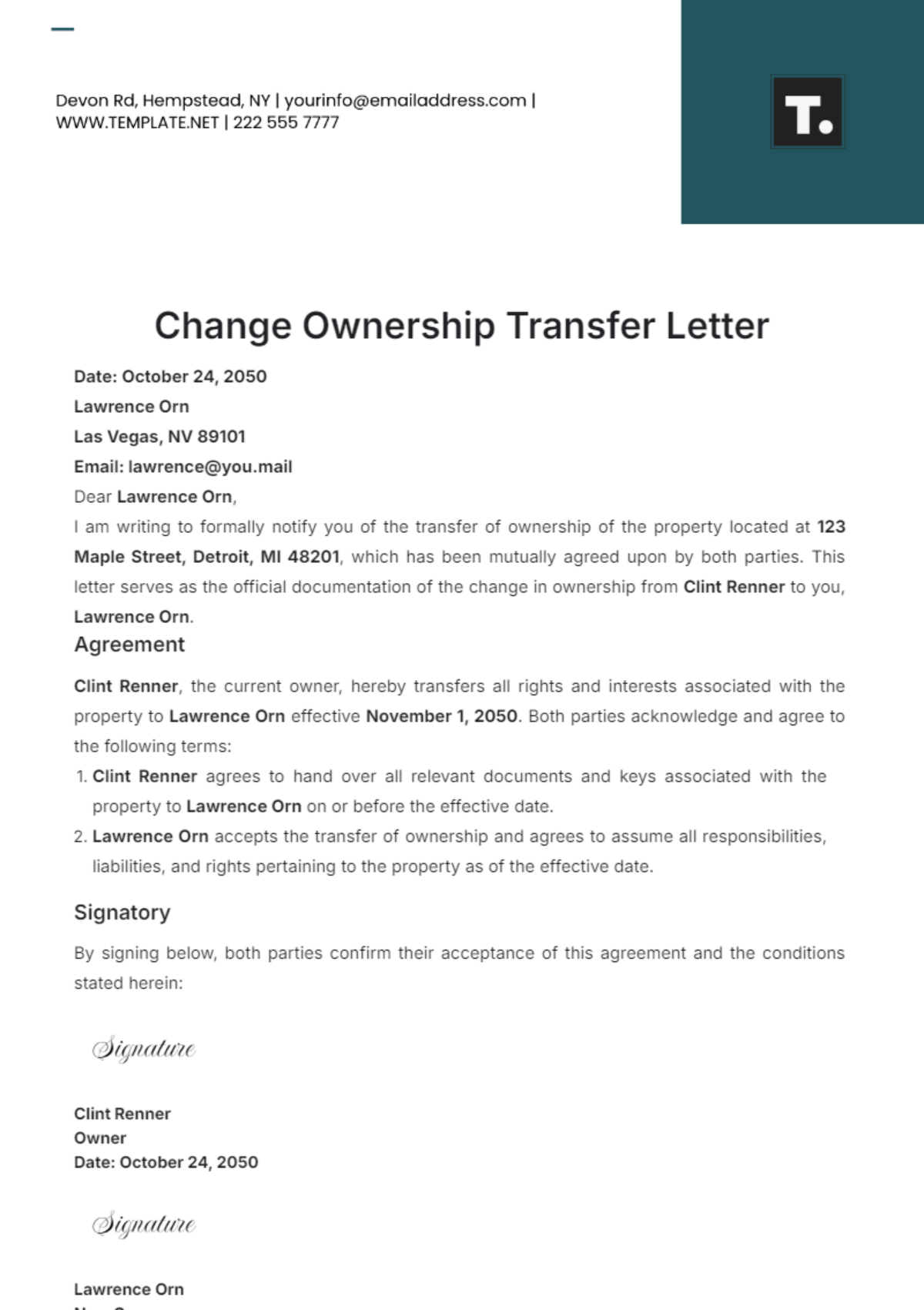 Change Ownership Transfer Letter Template - Edit Online & Download