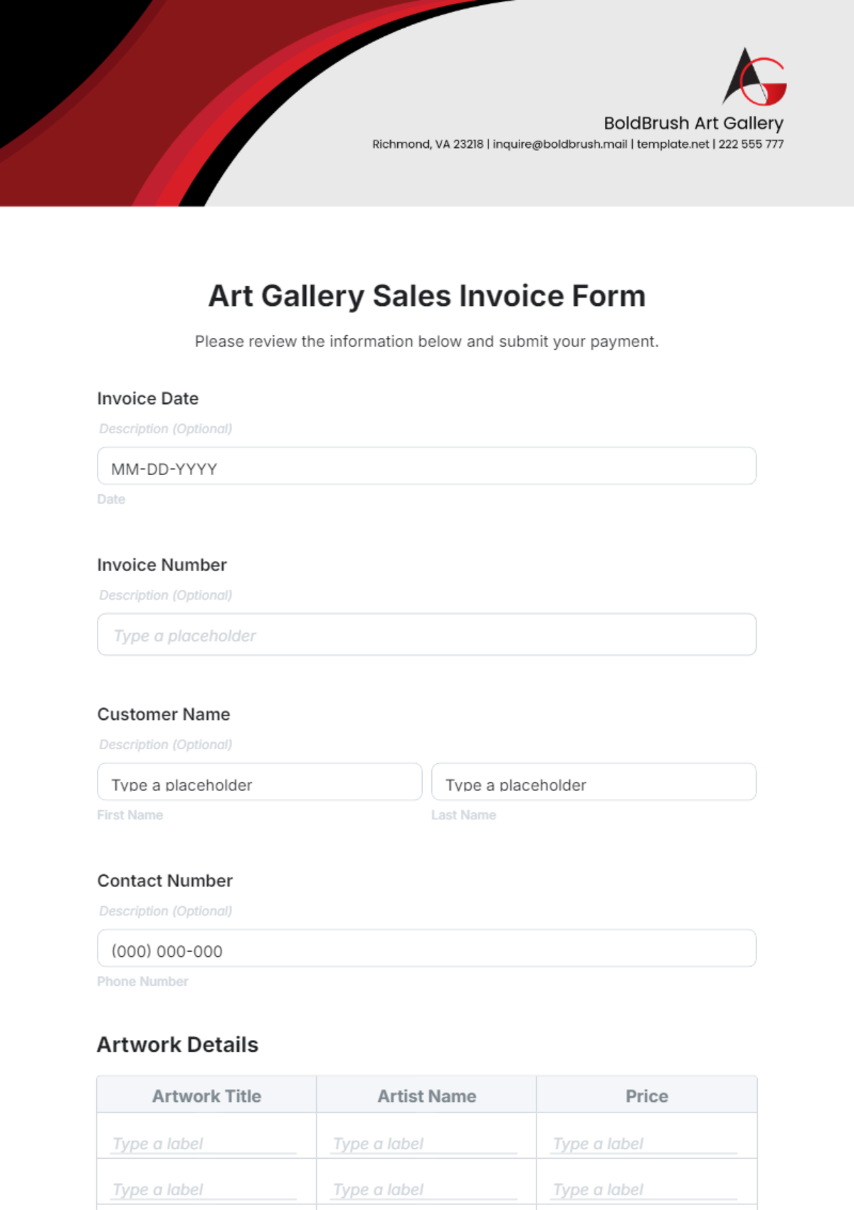 Art Gallery Sales Invoice Form Template - Edit Online & Download