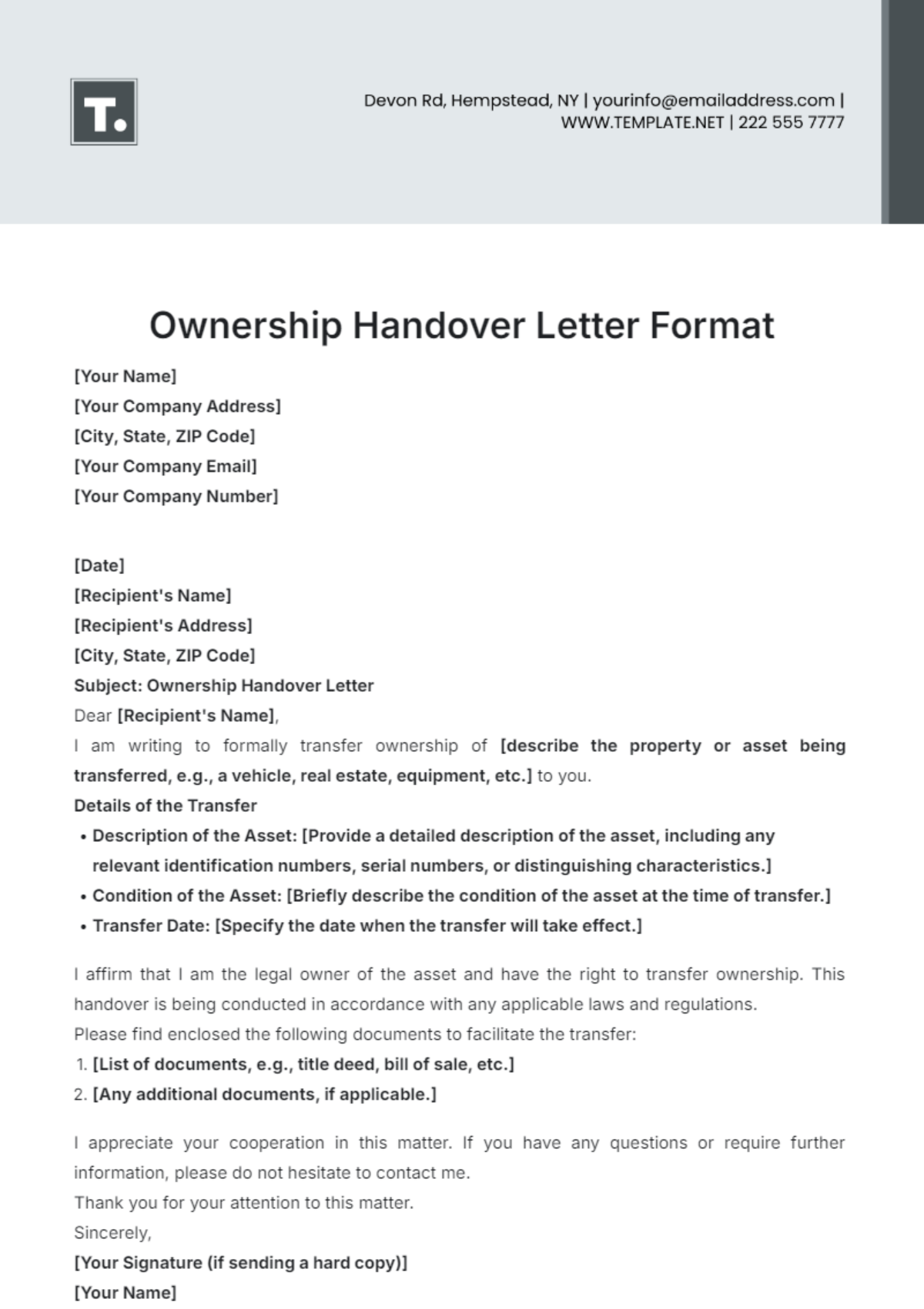 Ownership Handover Letter Format Template - Edit Online & Download