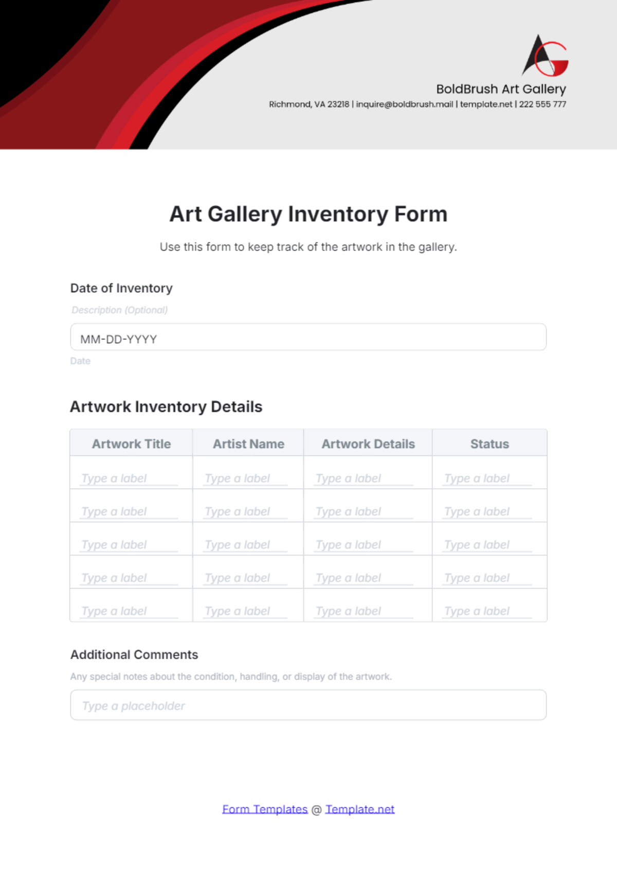 Art Gallery Inventory Form Template - Edit Online & Download