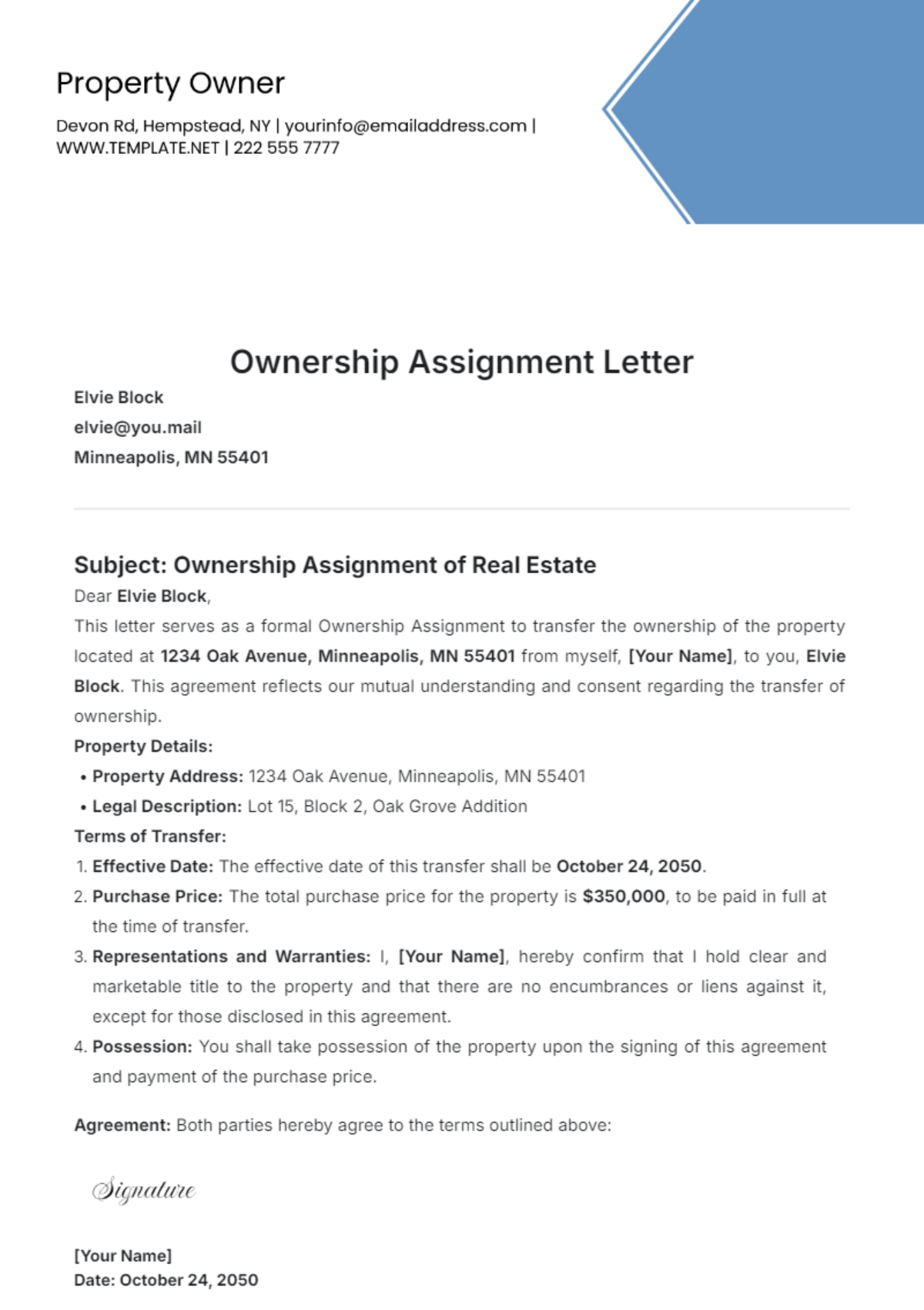 Ownership Assignment Letter Template - Edit Online & Download