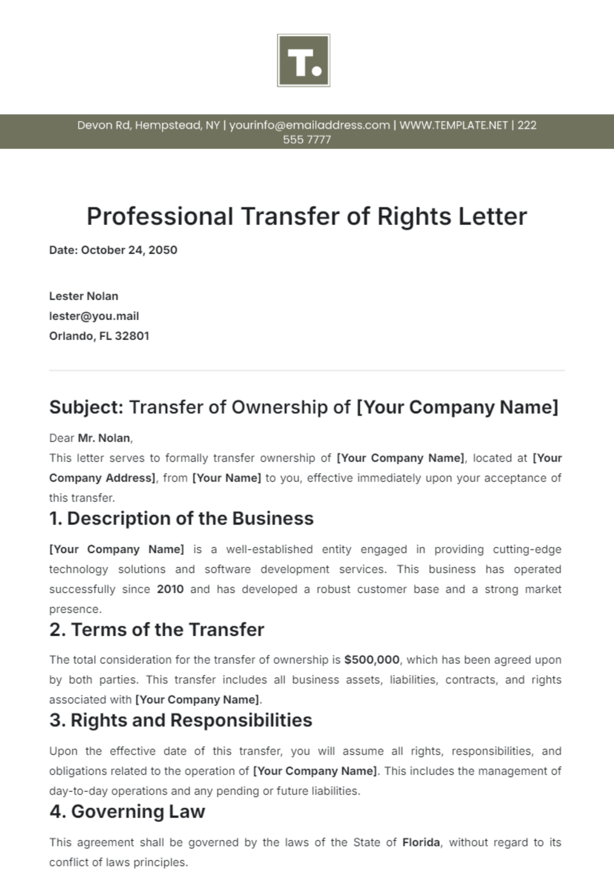 Professional Transfer of Rights Letter Template - Edit Online & Download