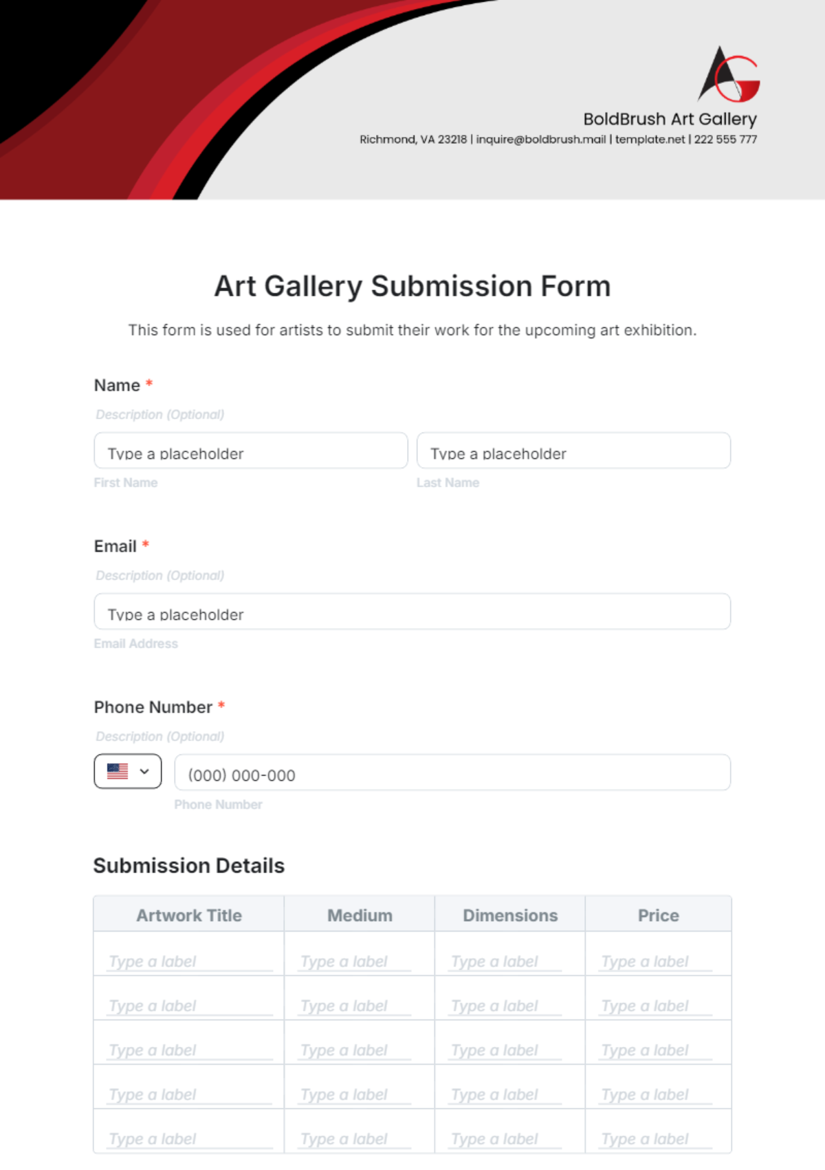 Art Gallery Submission Form Template - Edit Online & Download