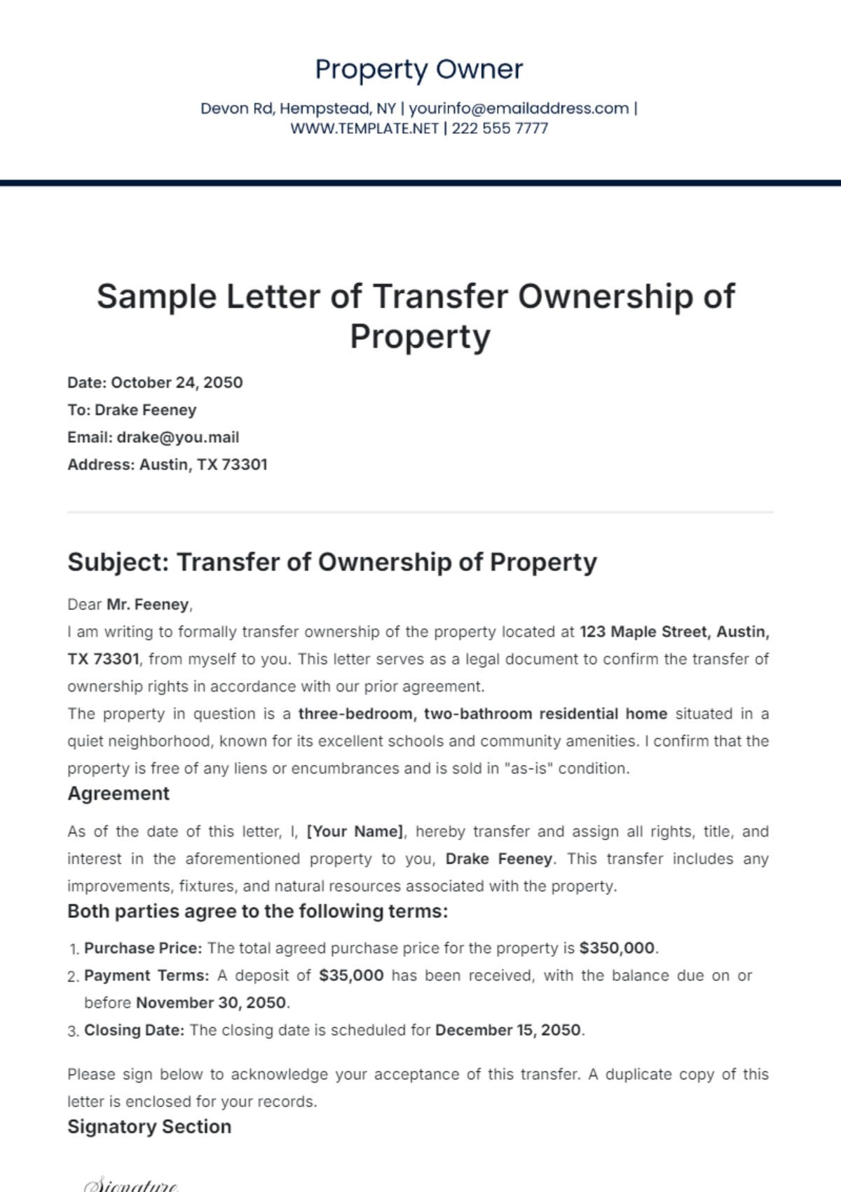 Sample Letter of Transfer Ownership of Property Template - Edit Online & Download