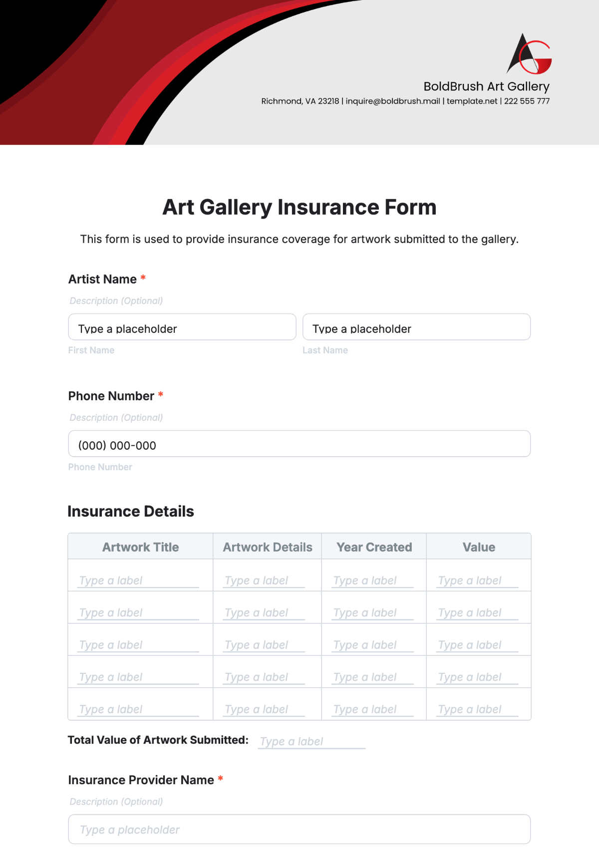 Art Gallery Insurance Form Template - Edit Online & Download