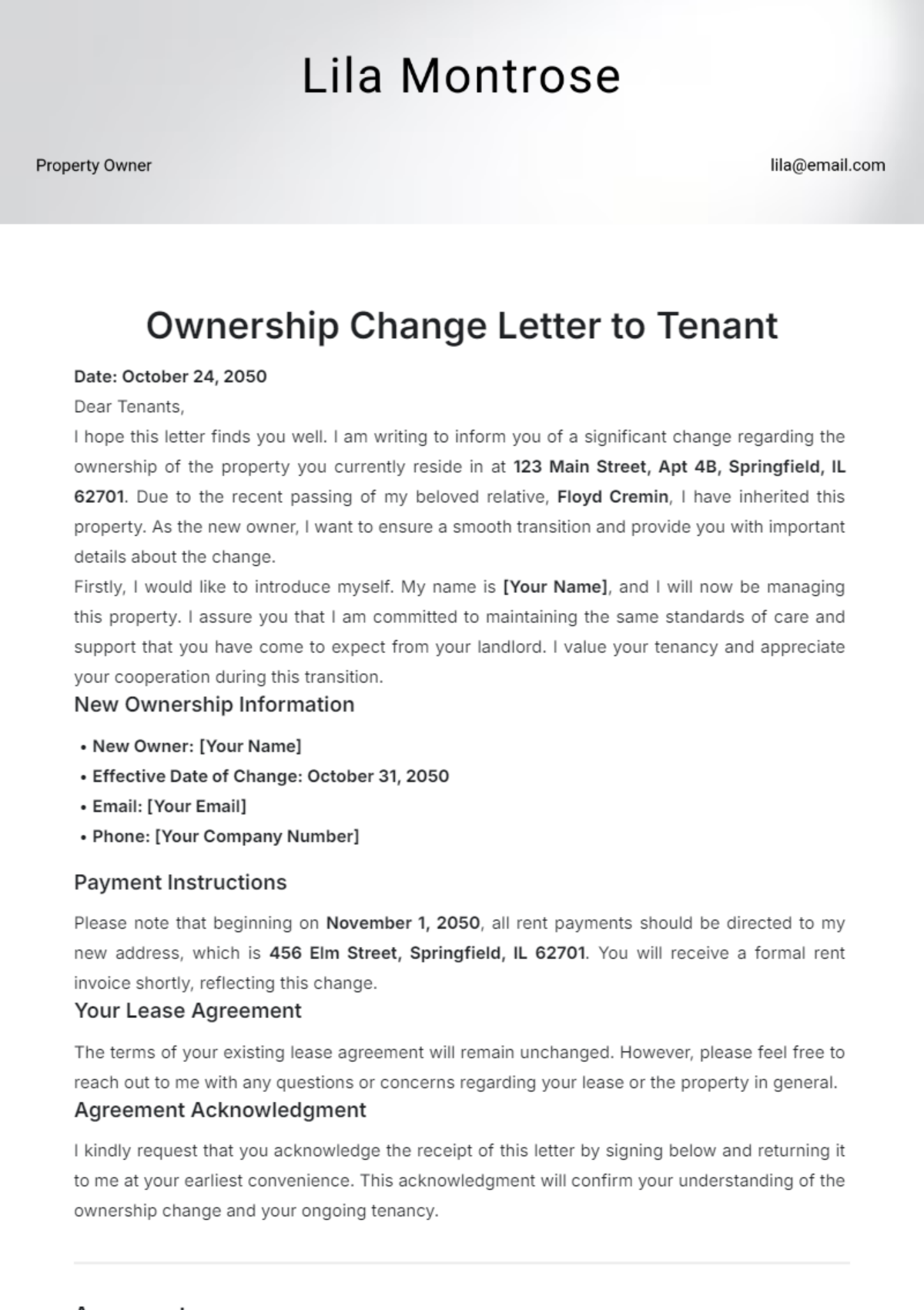 Ownership Change Letter to Tenant Template - Edit Online & Download