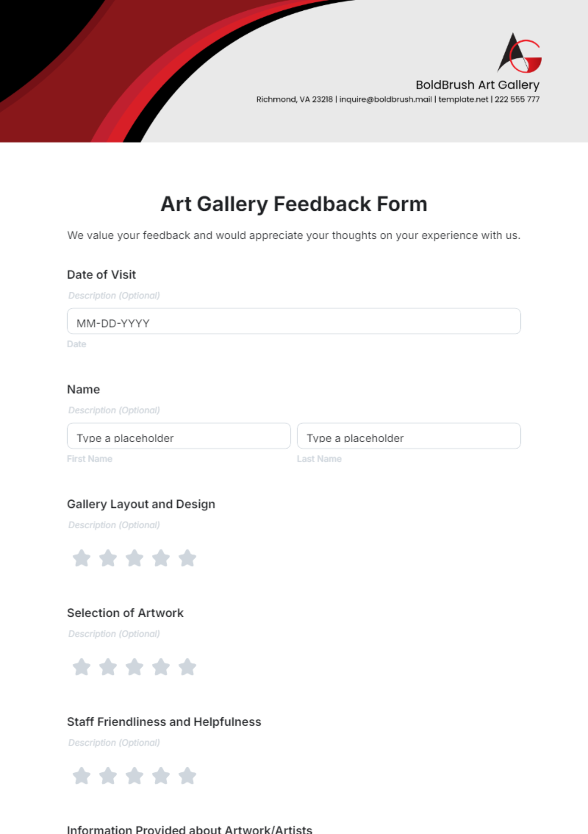 Art Gallery Feedback Form Template - Edit Online & Download