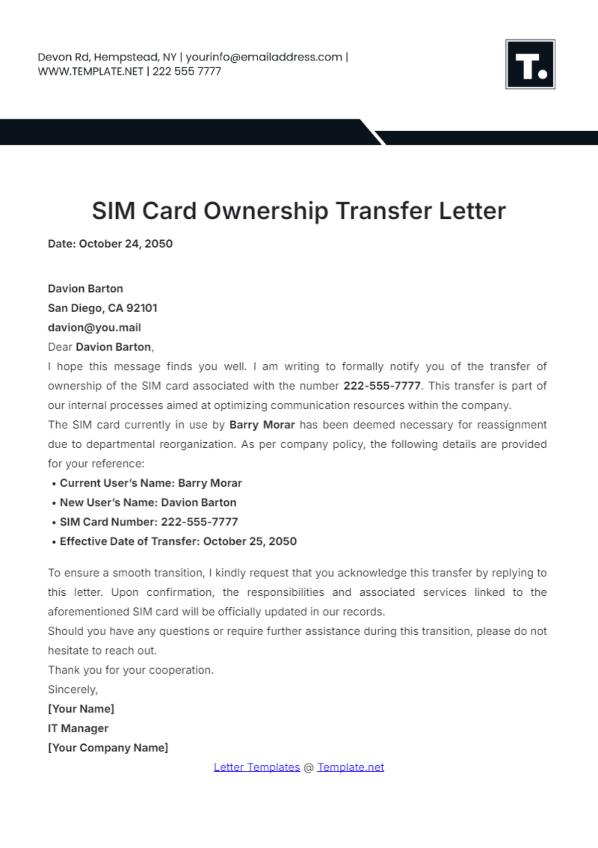 Sim Card Ownership Transfer Letter Template - Edit Online & Download