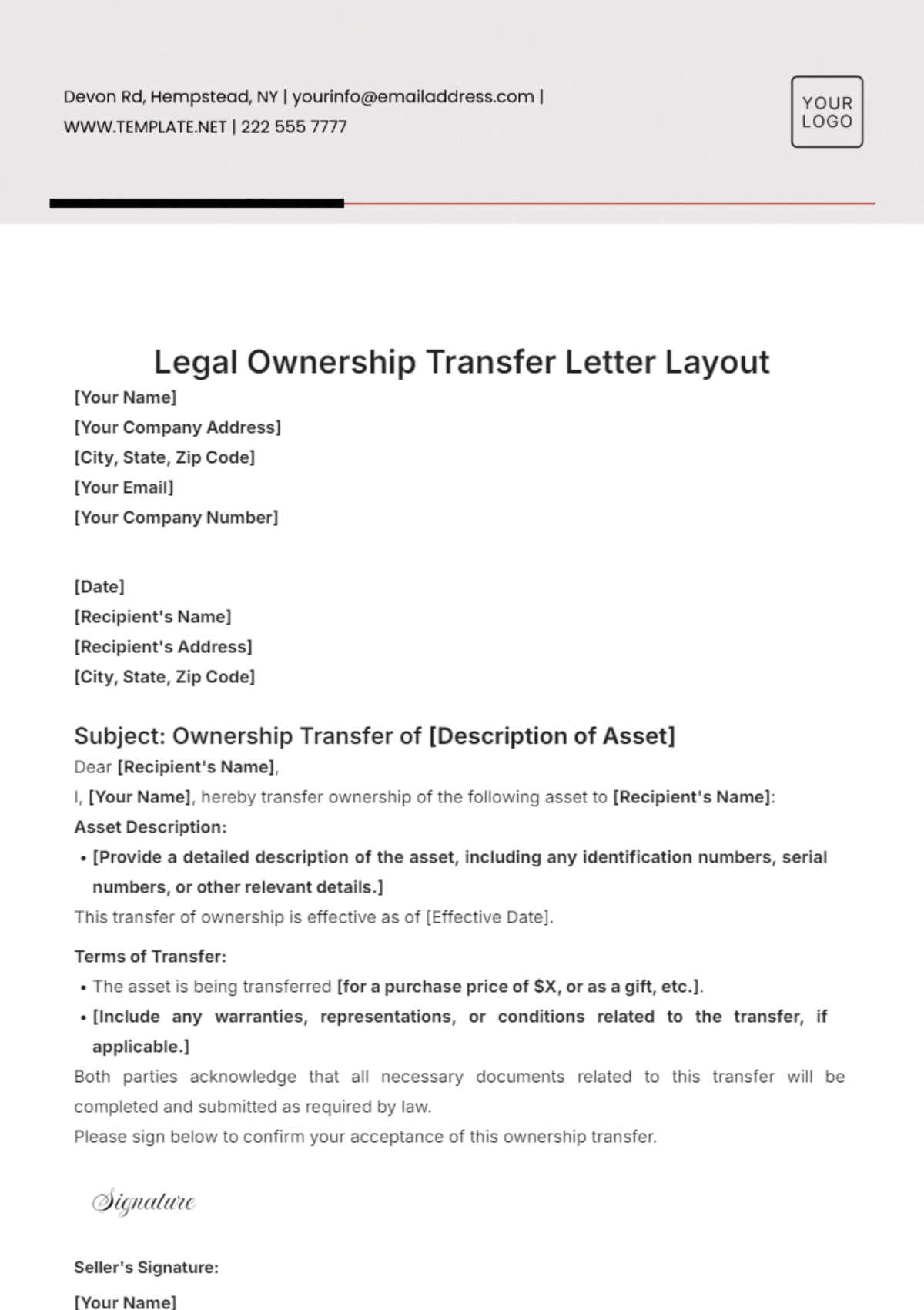 Legal Ownership Transfer Letter Layout Template - Edit Online & Download