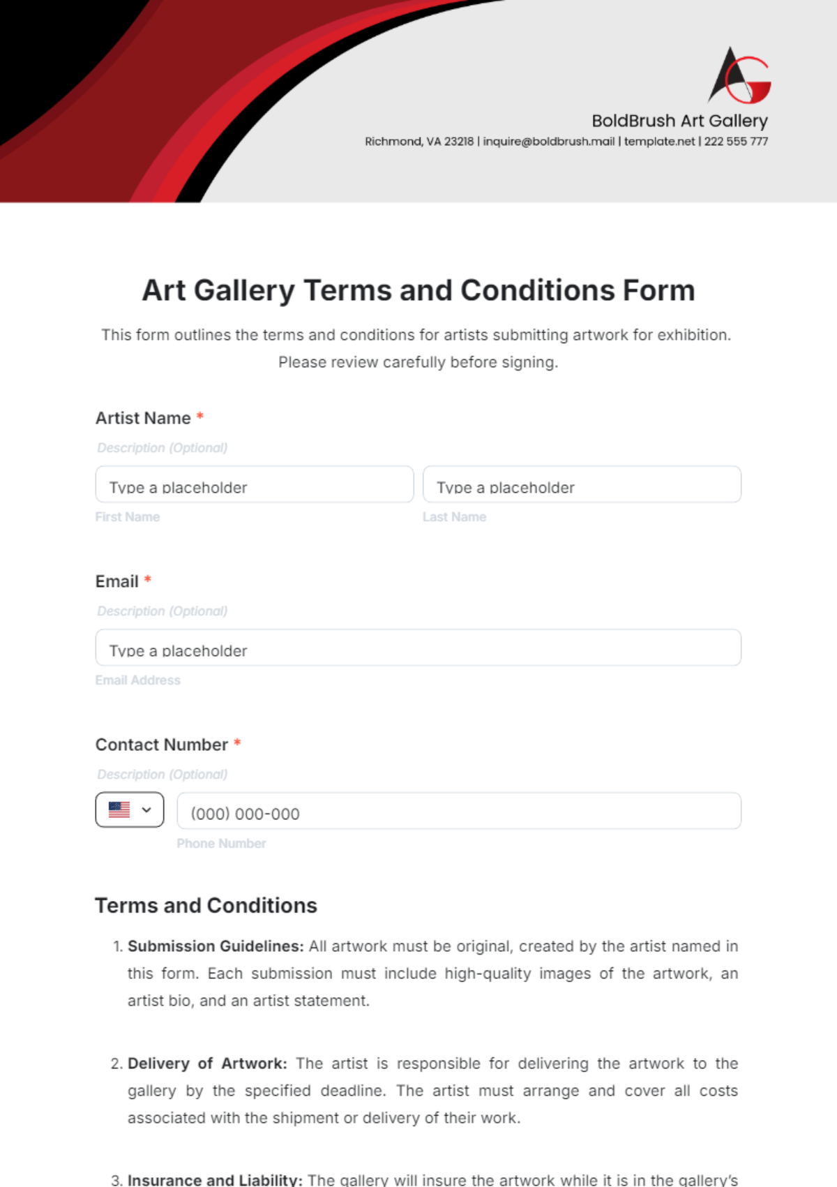 Art Gallery Terms and Conditions Form Template - Edit Online & Download