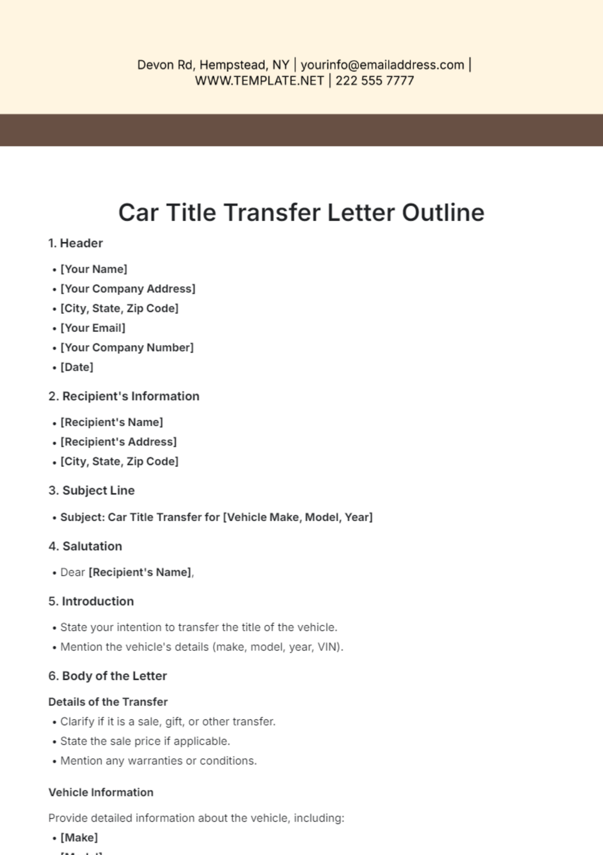 Car Title Transfer Letter Outline Template - Edit Online & Download