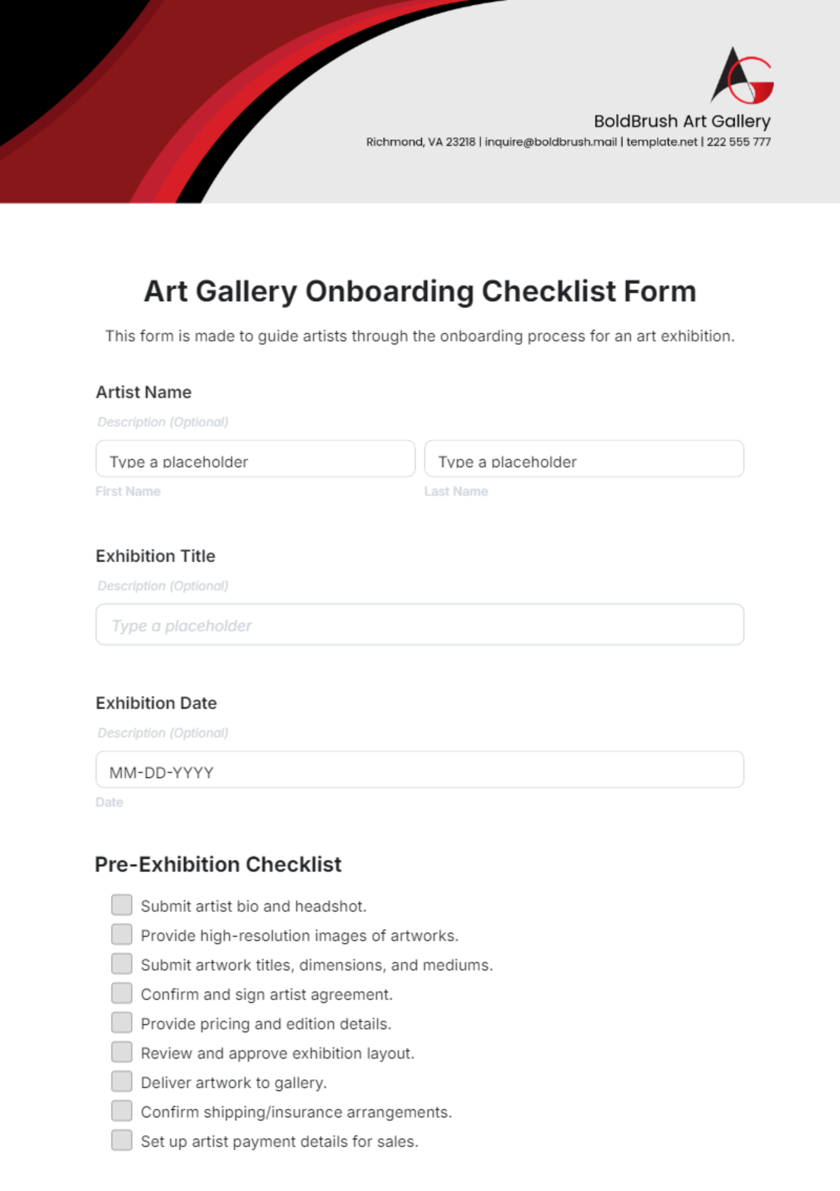 Art Gallery Onboarding Checklist Form Template - Edit Online & Download