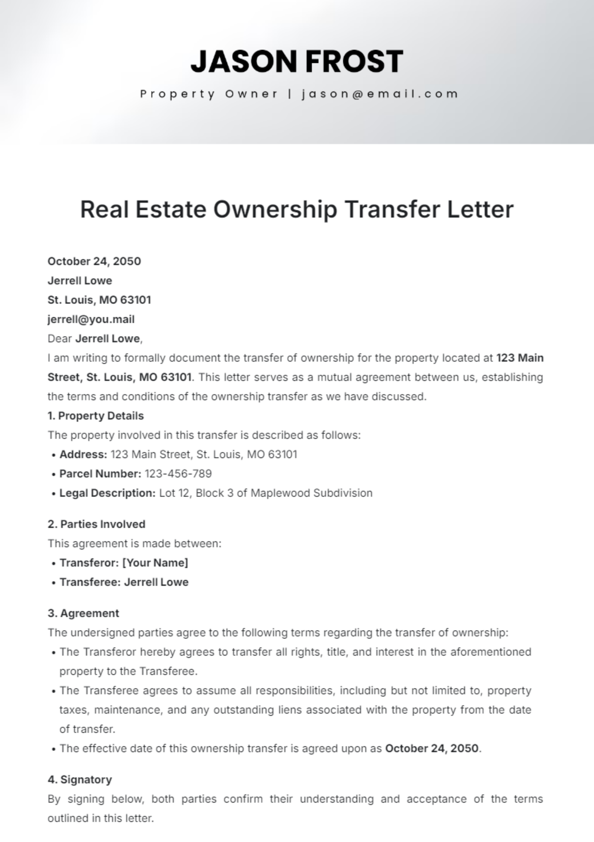 Real Estate Ownership Transfer Letter Template - Edit Online & Download