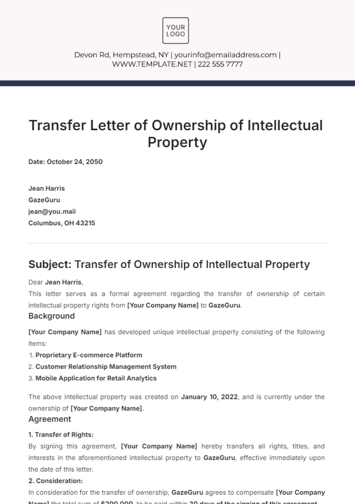 Transfer Letter of Ownership of Intellectual Property Template - Edit Online & Download