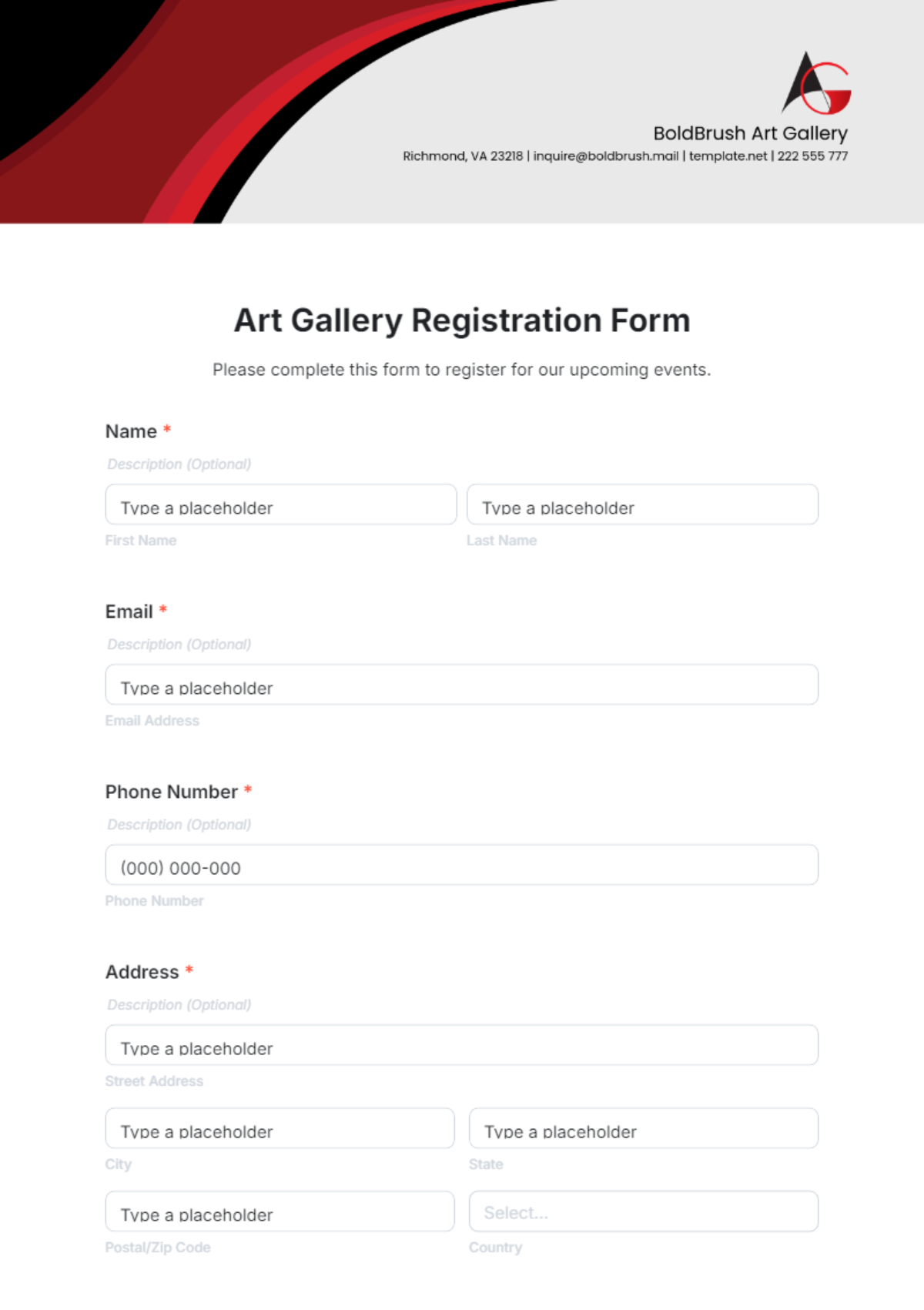 Art Gallery Registration Form Template - Edit Online & Download