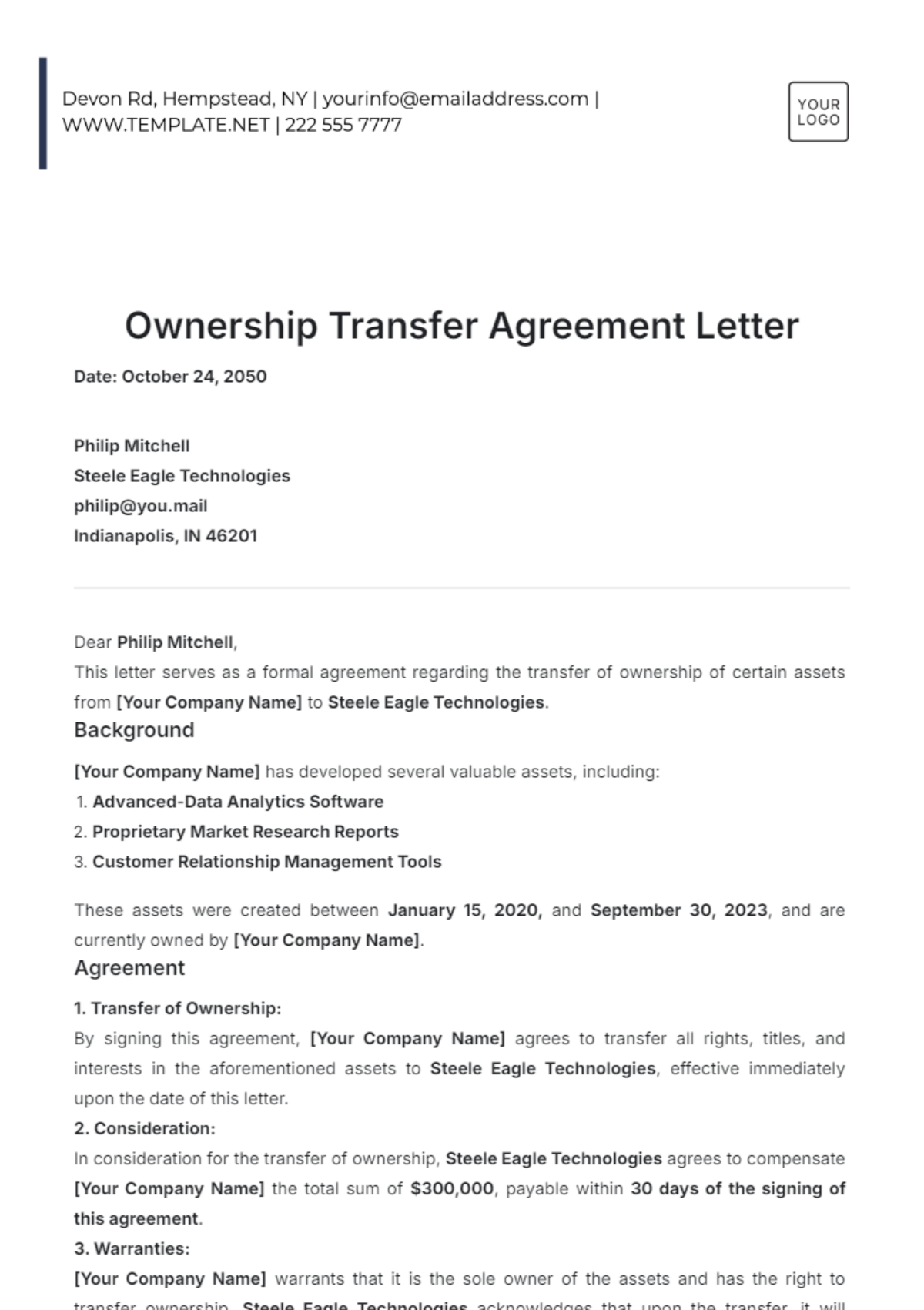 Ownership Transfer Agreement Letter Template - Edit Online & Download