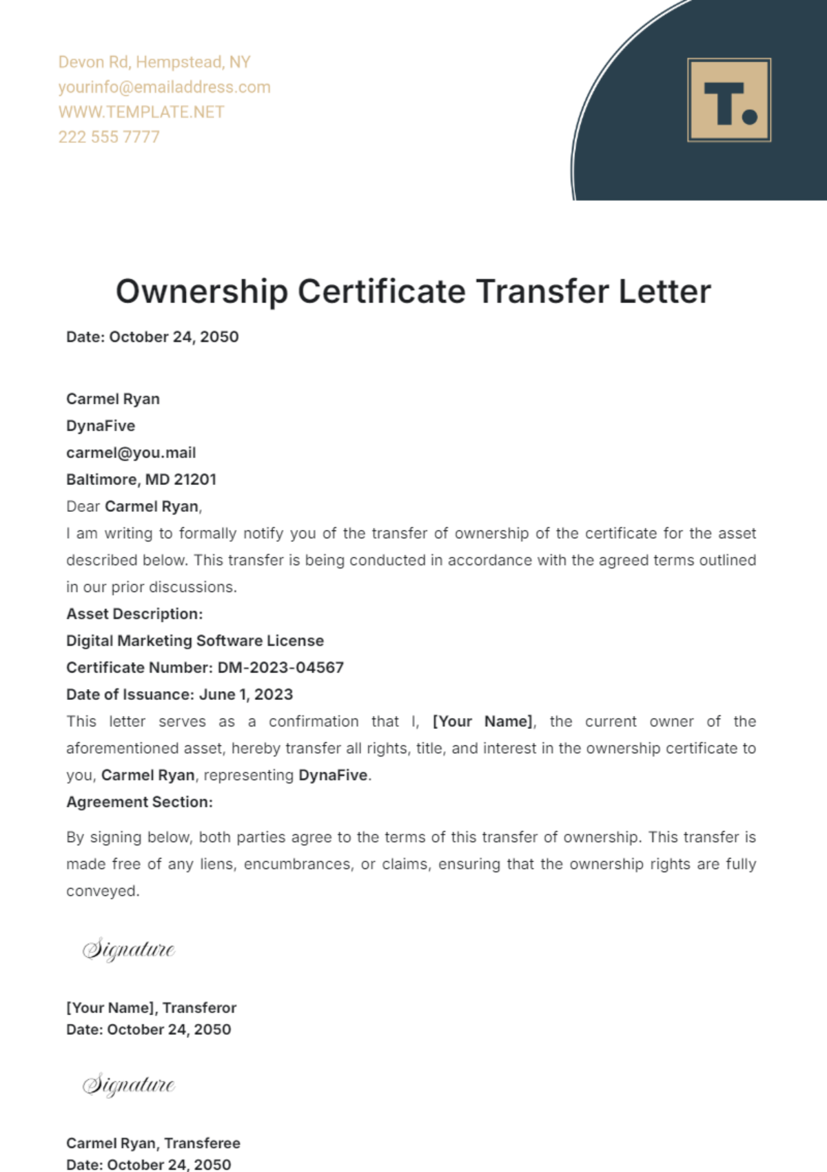 Ownership Certificate Transfer Letter Template - Edit Online & Download