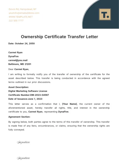 Free Ownership Certificate Transfer Letter Template to Edit Online