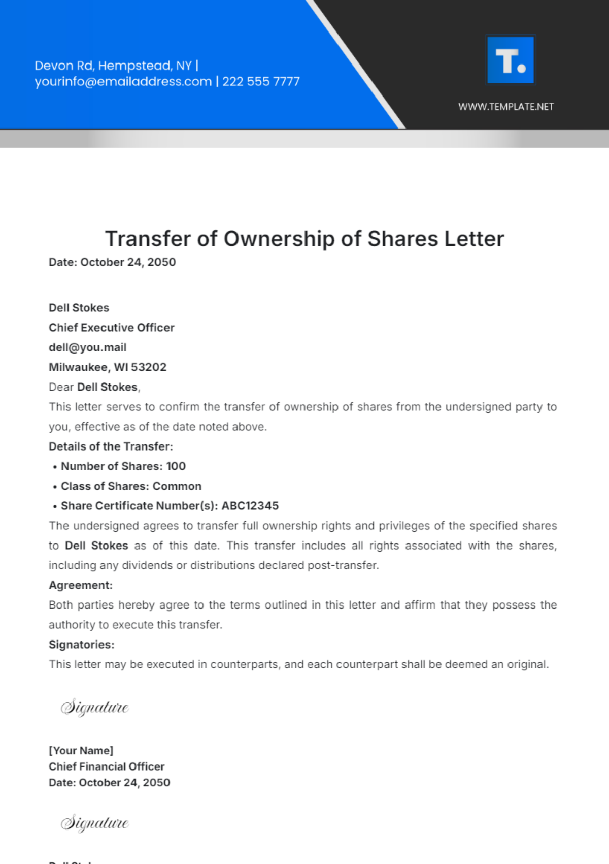 Transfer of Ownership of Shares Letter Template - Edit Online & Download