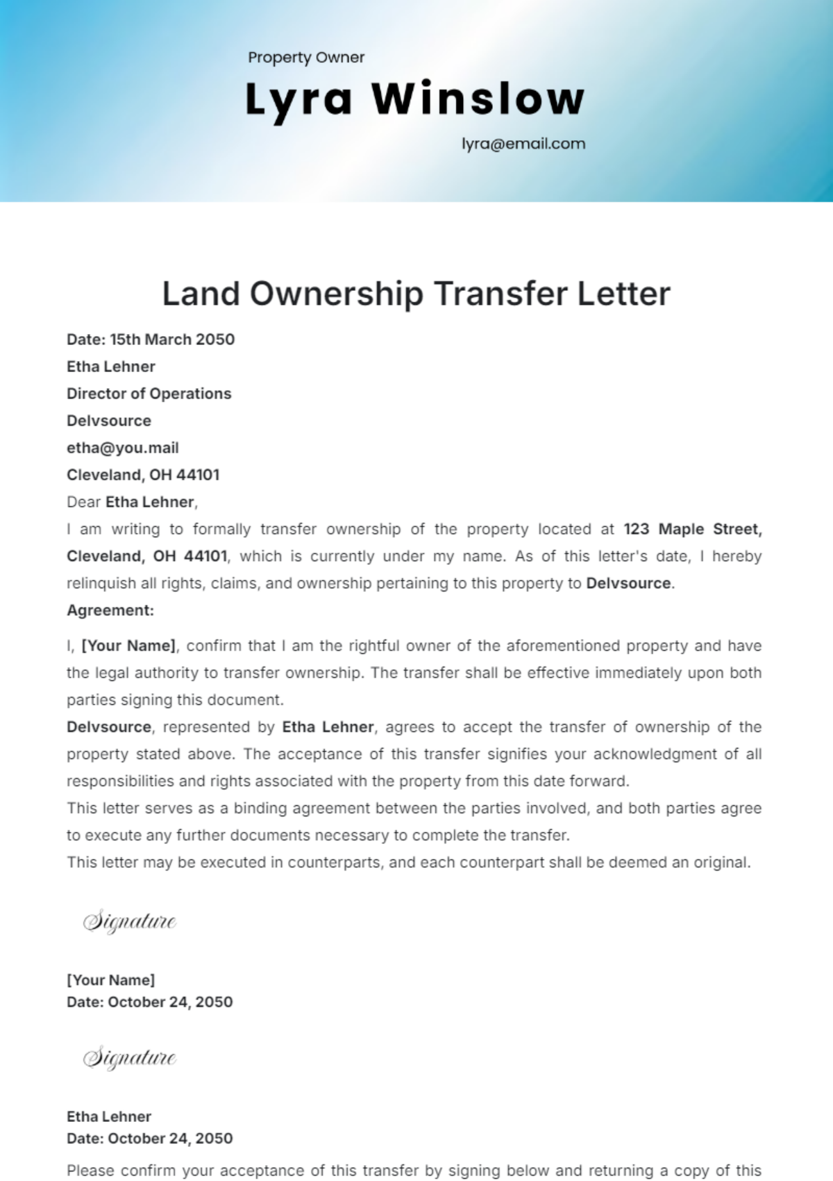 Land Ownership Transfer Letter Template - Edit Online & Download