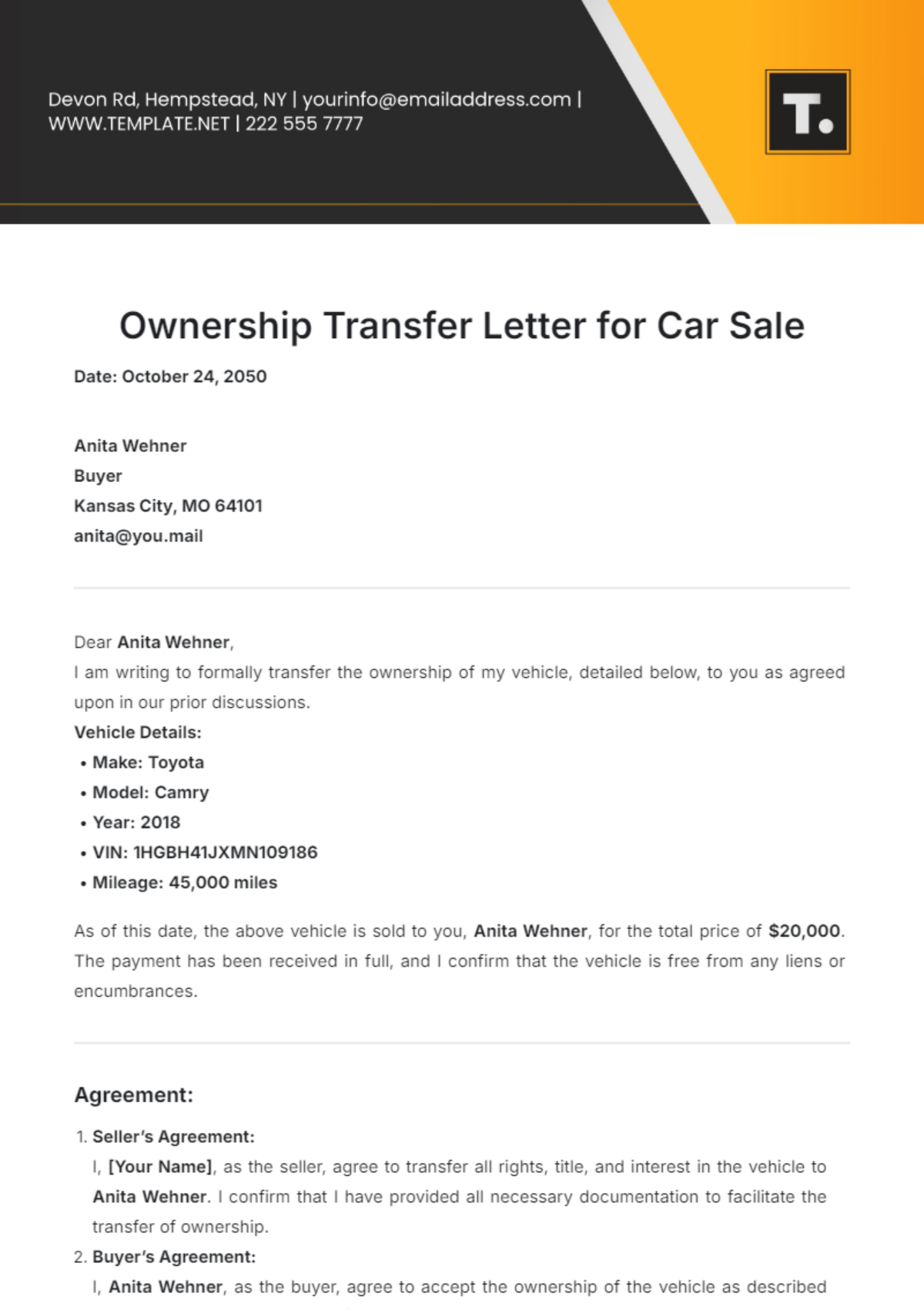 Ownership Transfer Letter for Car Sale Template - Edit Online & Download