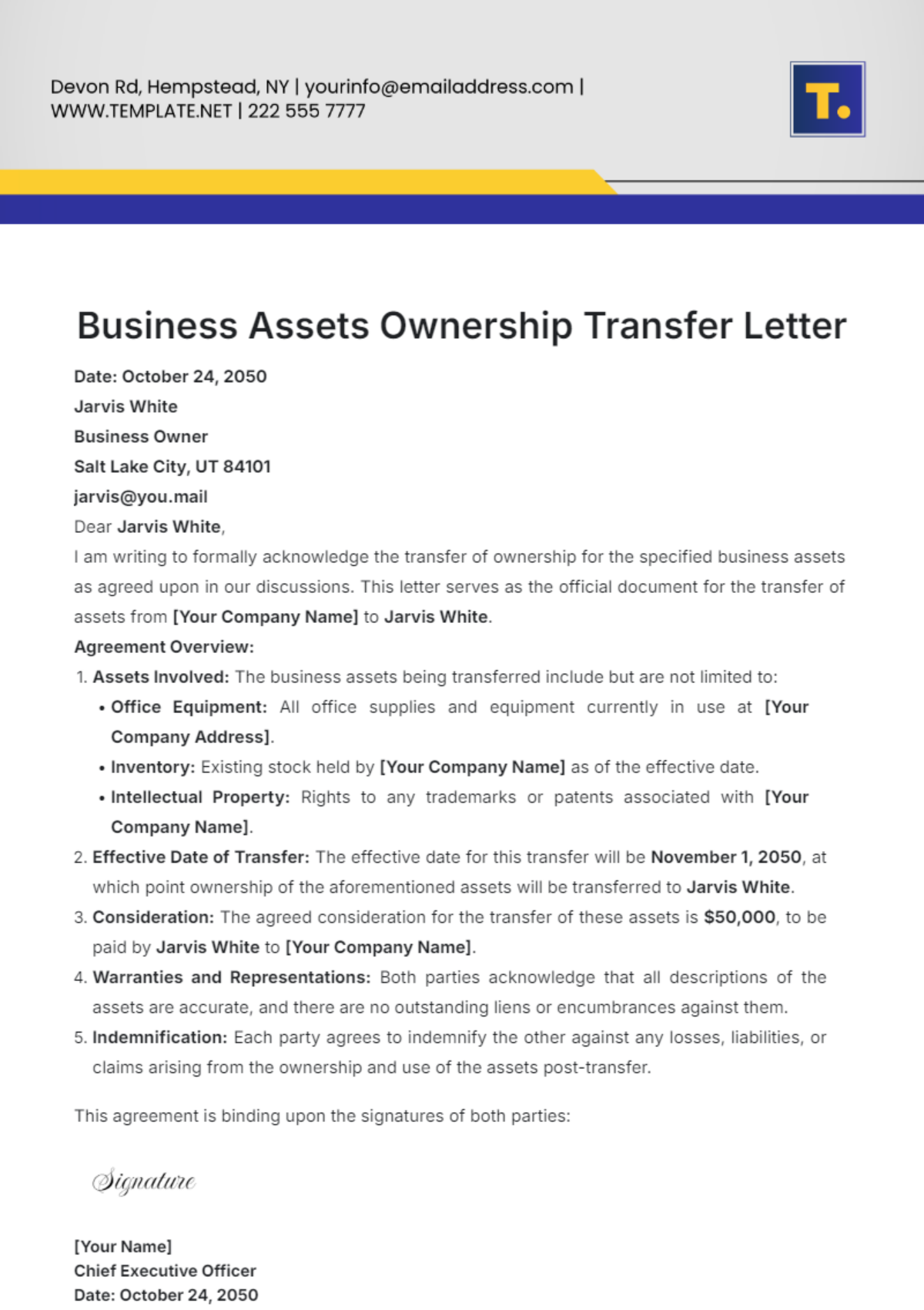 Business Assets Ownership Transfer Letter Template - Edit Online & Download