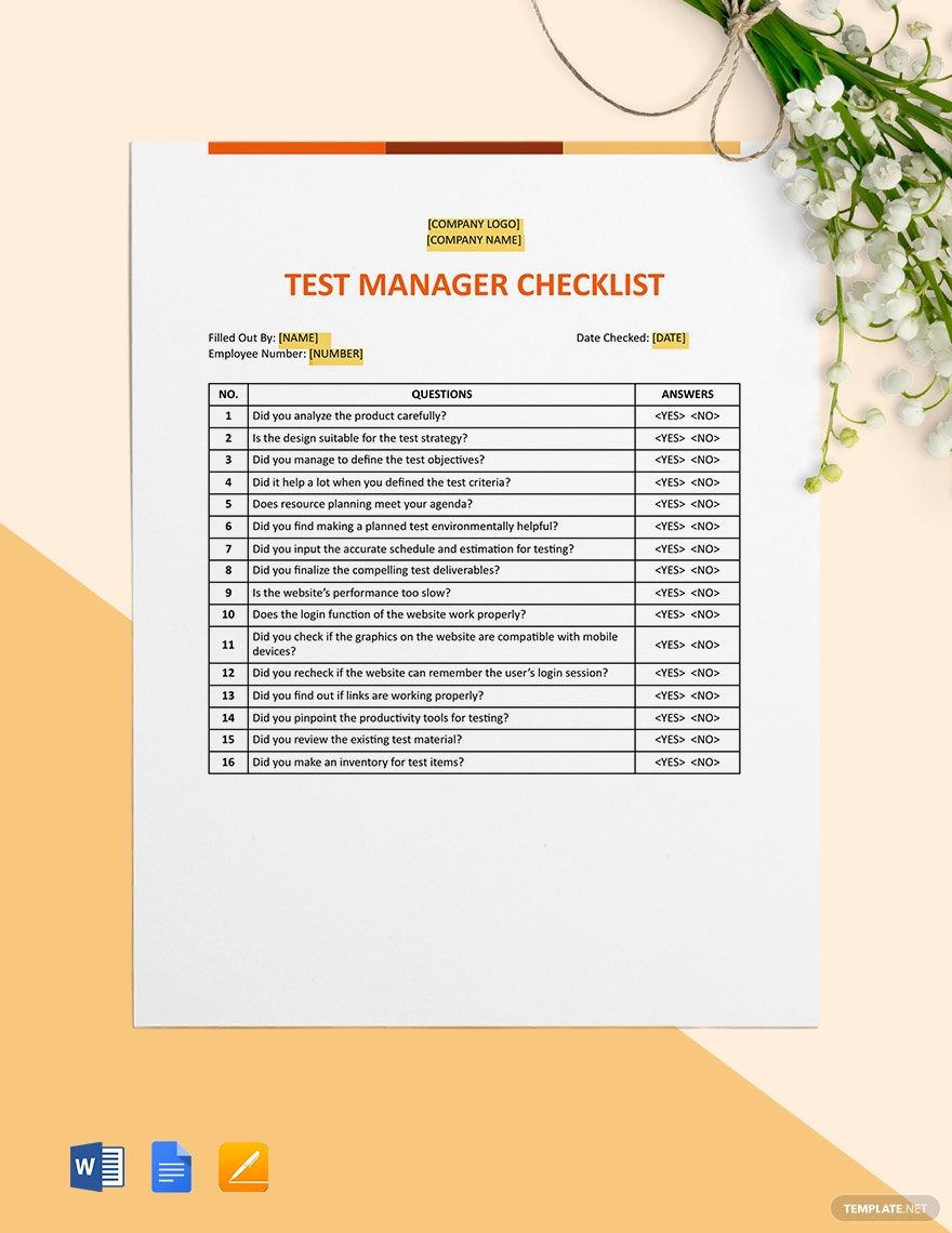 Free Test Manager Checklist Template