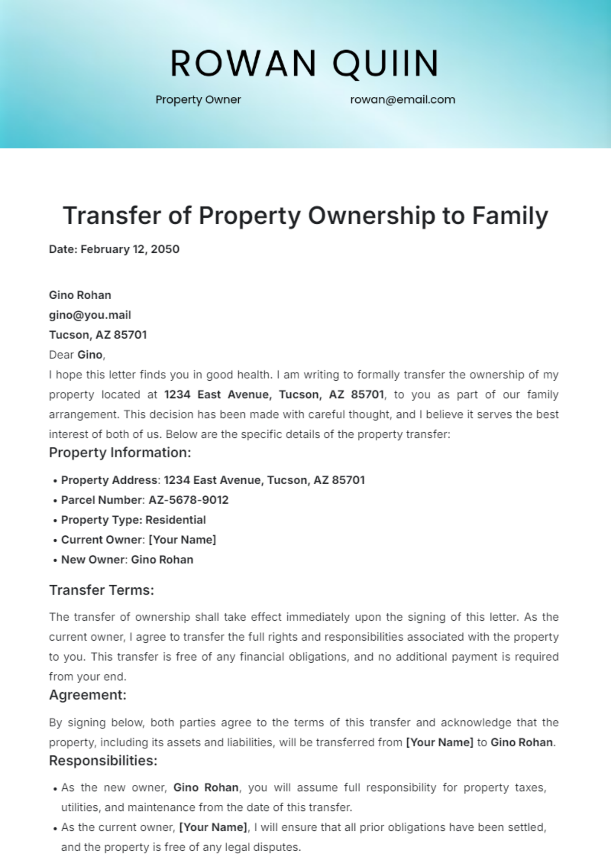 Letter for Transfer of Property Ownership to Family Template - Edit Online & Download