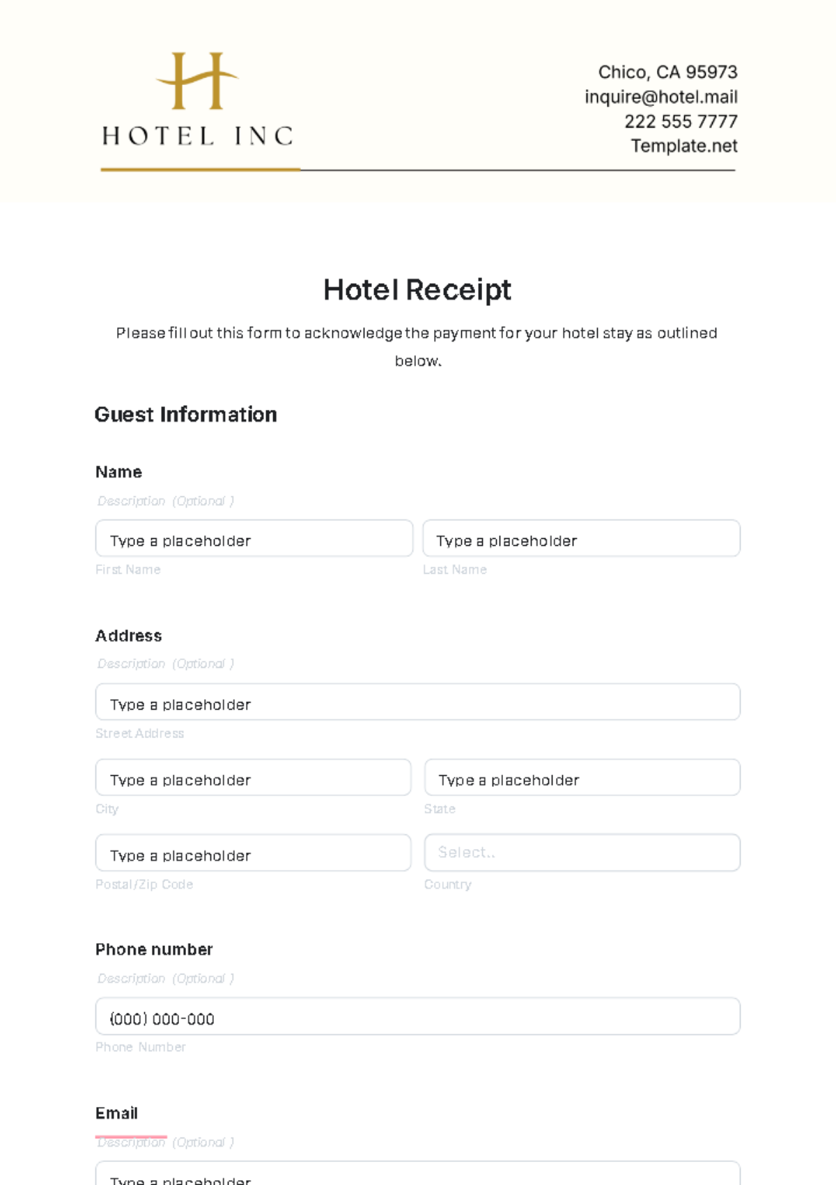 Hotel Receipt Template - Edit Online & Download