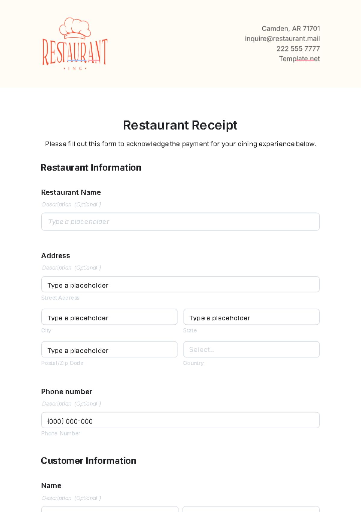 Restaurant Receipt Template - Edit Online & Download