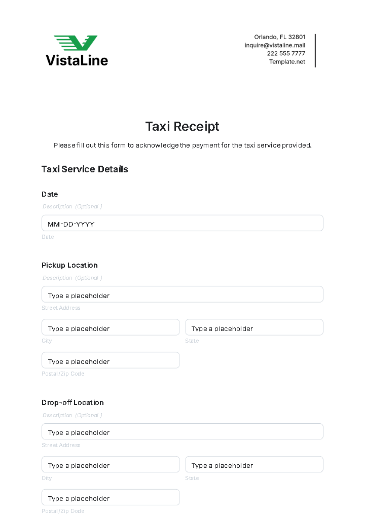 Taxi Receipt Form Template - Edit Online & Download