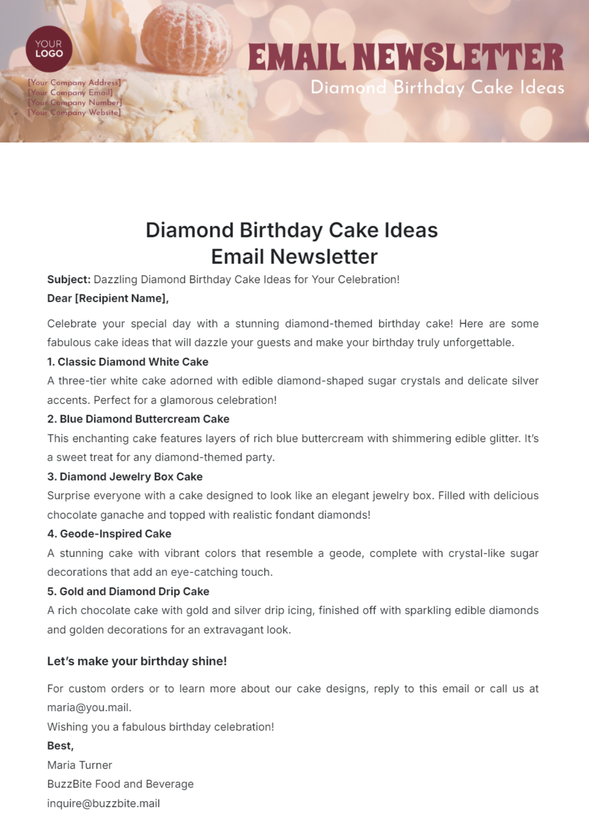 Diamond Birthday Cake Ideas Email Newsletter Template - Edit Online & Download