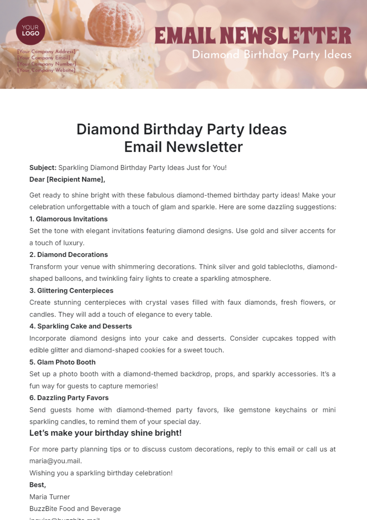 Diamond Birthday Party Ideas Email Newsletter Template - Edit Online & Download