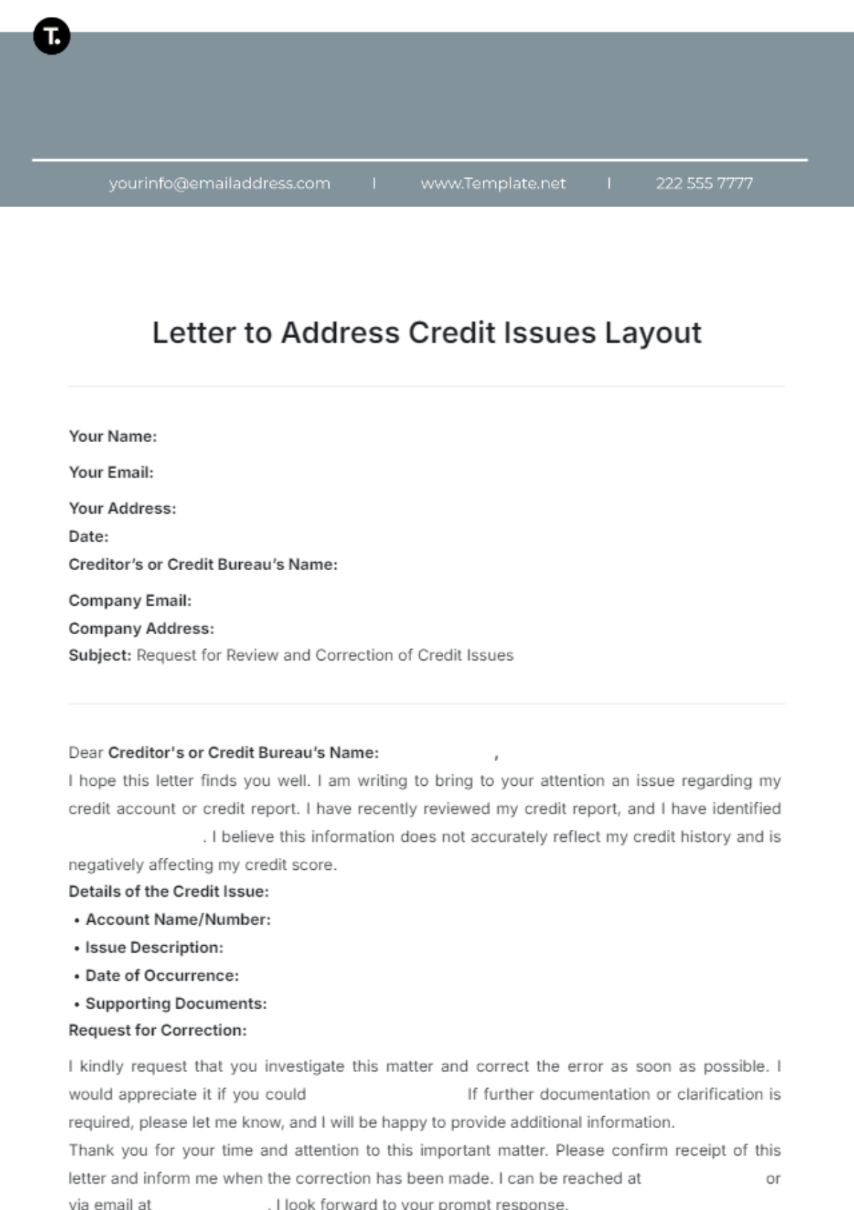 Letter to Address Credit Issues Layout Template - Edit Online & Download