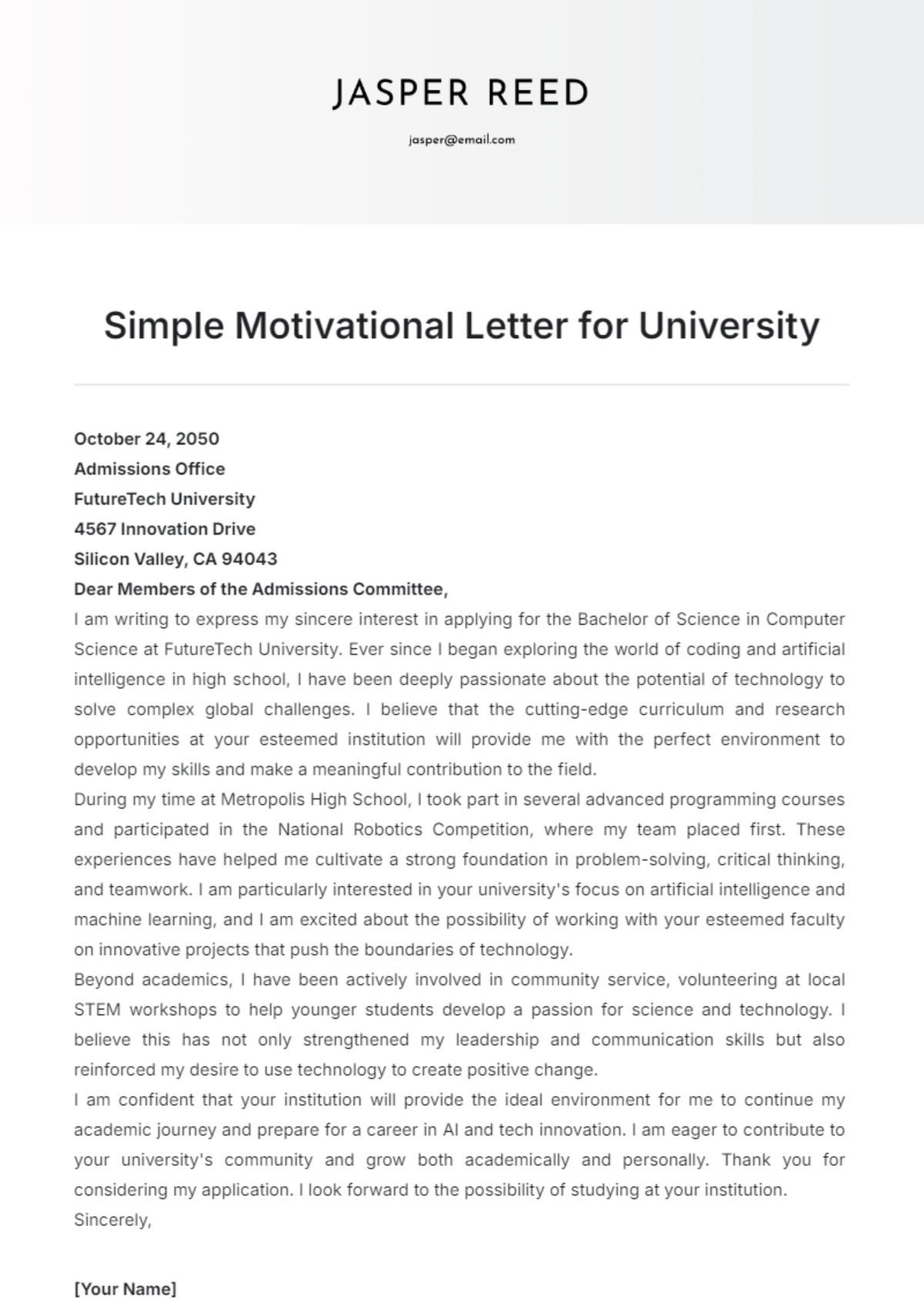 Simple Motivational Letter for University Template - Edit Online & Download