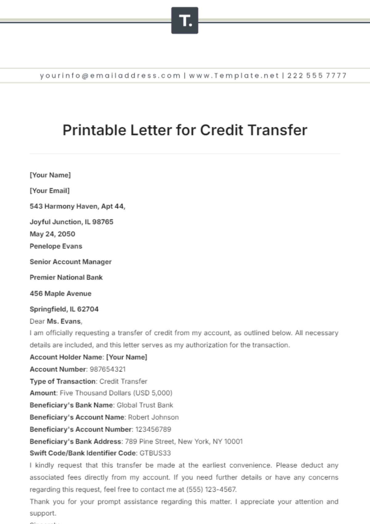 Printable Letter for Credit Transfer Template - Edit Online & Download