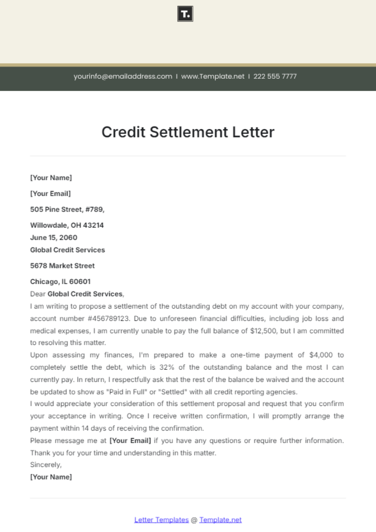 Credit Settlement Letter Template - Edit Online & Download