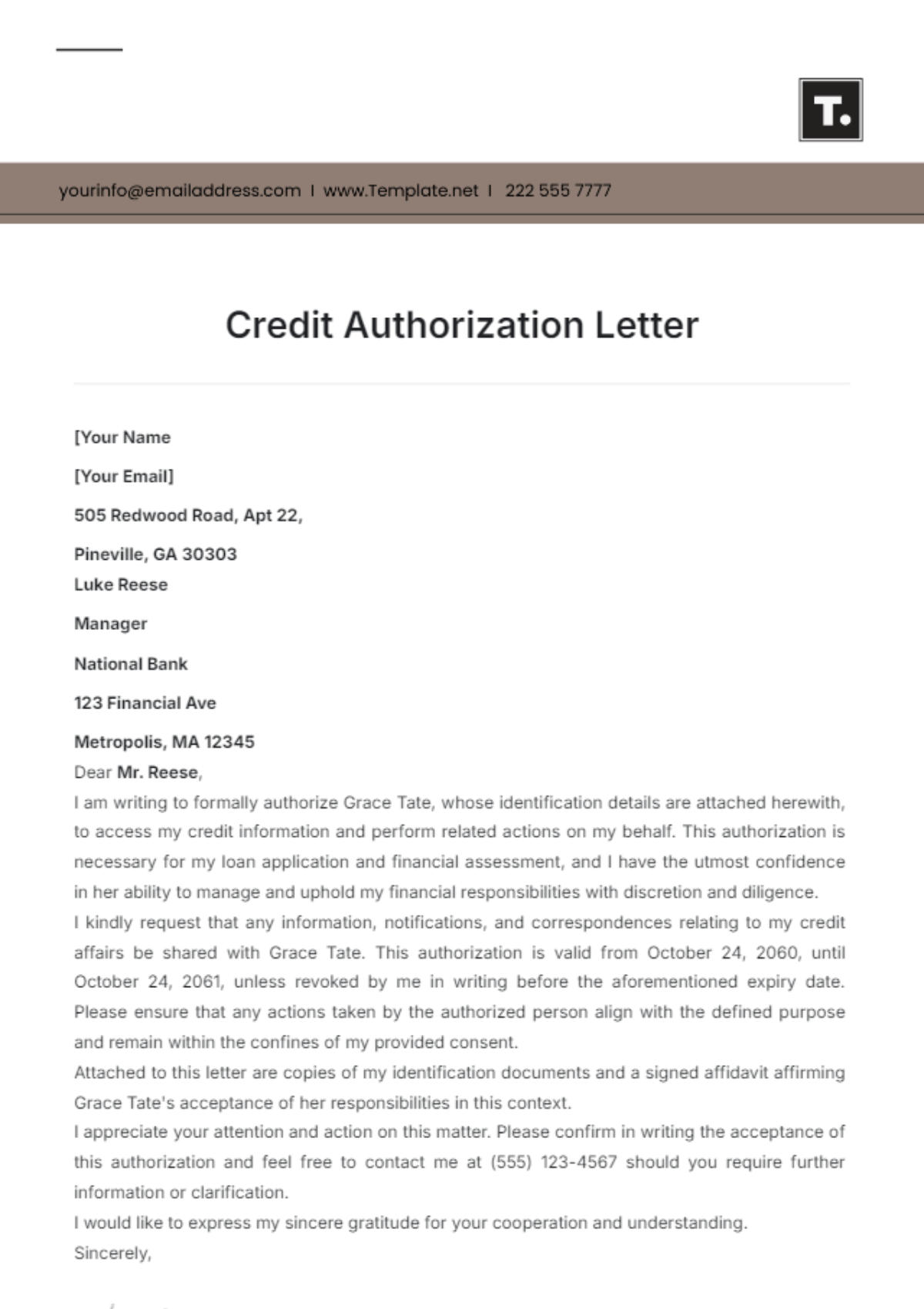 Credit Authorization Letter Template - Edit Online & Download