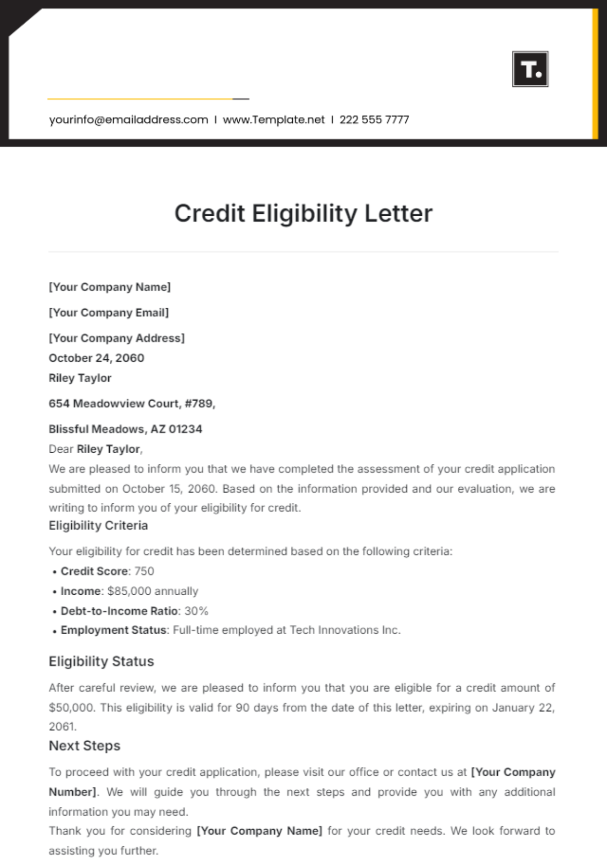 Credit Eligibility Letter Template - Edit Online & Download